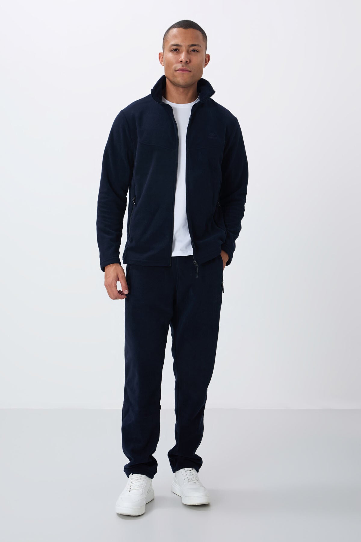 Navy Blue High Collar Basic Zippered Pocket Standard Fit Men's Fleece Tracksuit Set - 85193