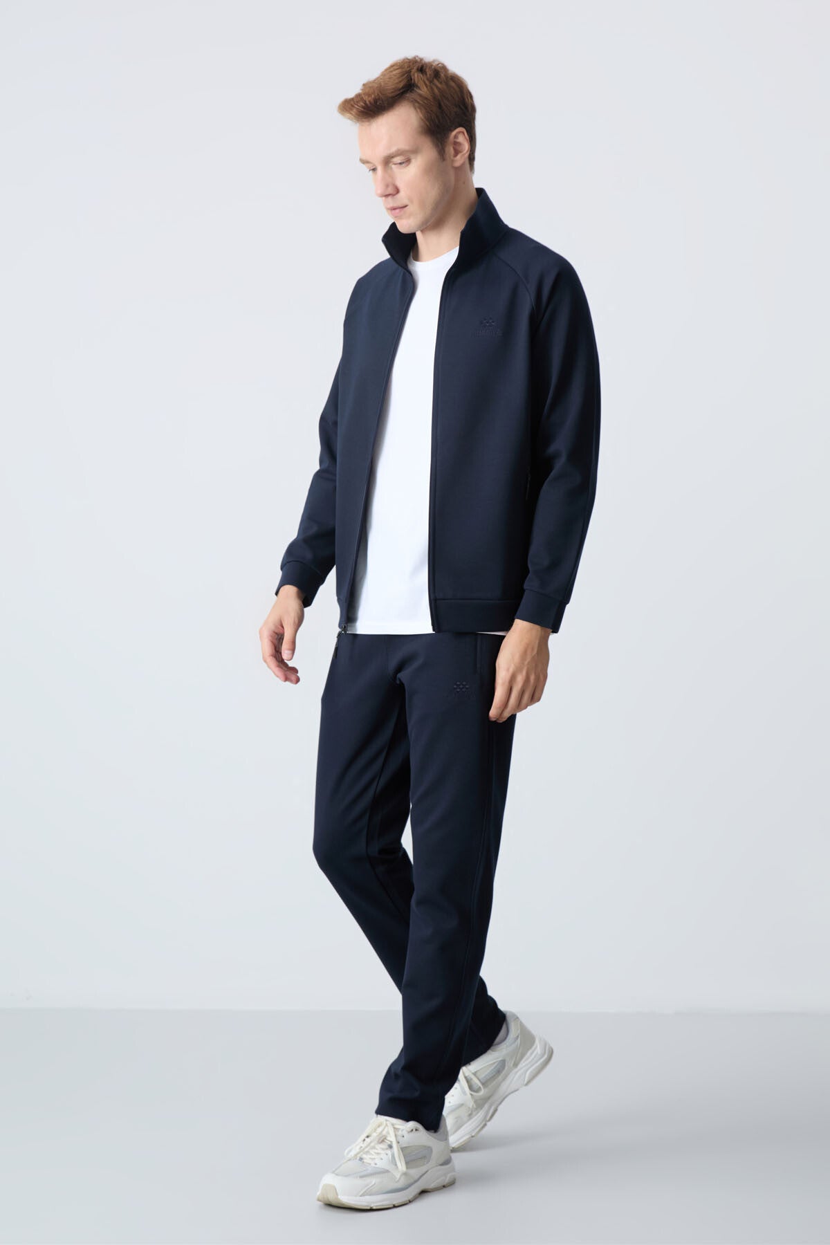 Navy Blue High Collar Two-Tone Comfort Fit Classic Hem Men's Tracksuit Set - 85113
