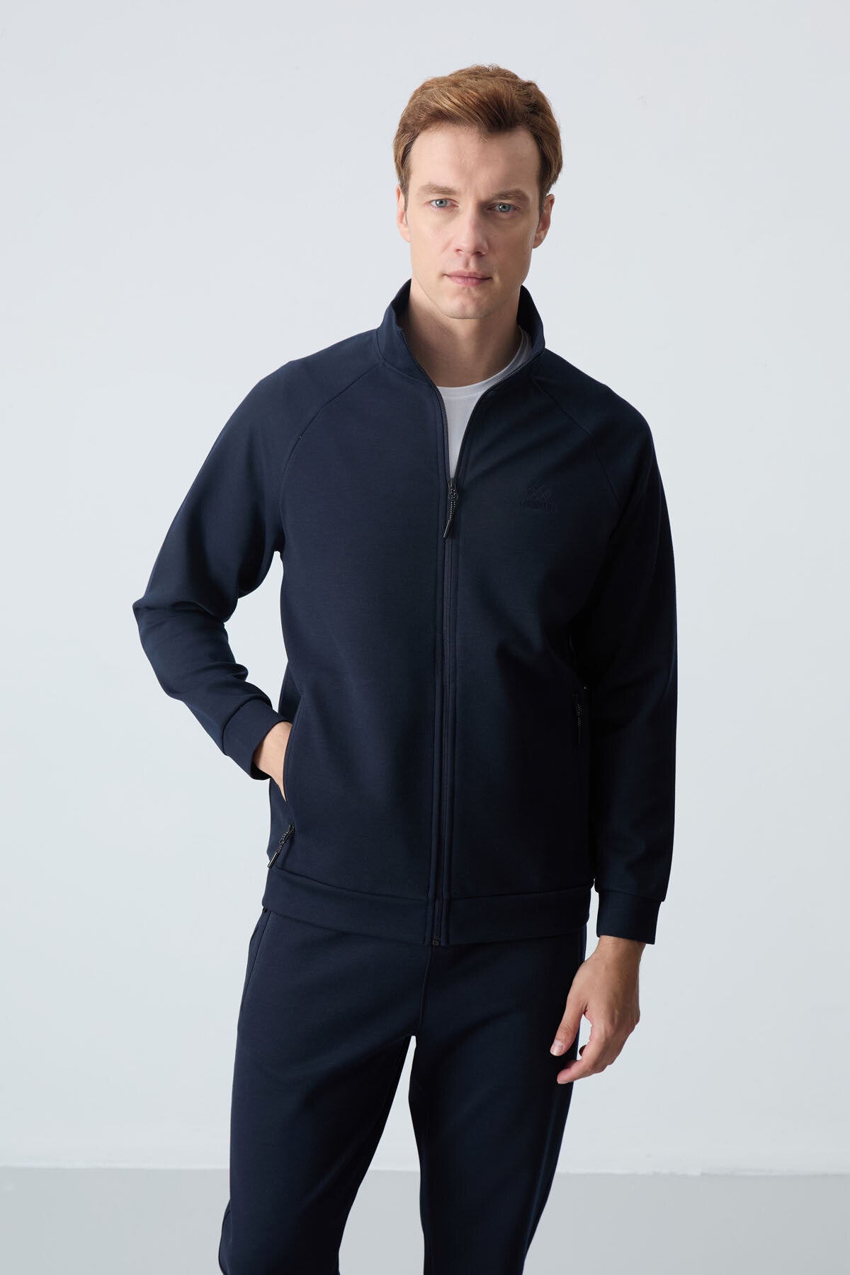 Navy Blue High Collar Two-Tone Comfort Fit Classic Hem Men's Tracksuit Set - 85113