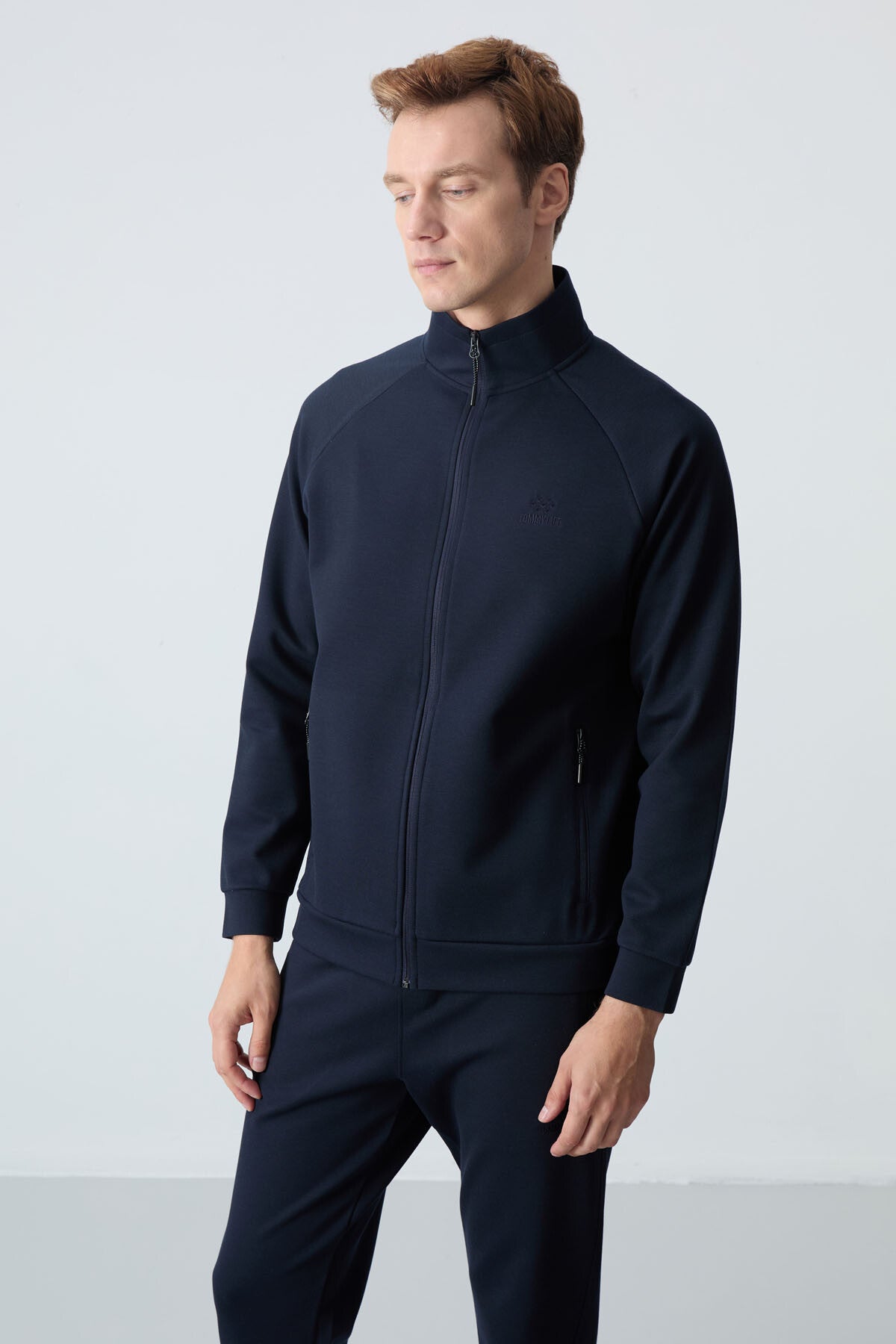 Navy Blue High Collar Two-Tone Comfort Fit Classic Hem Men's Tracksuit Set - 85113