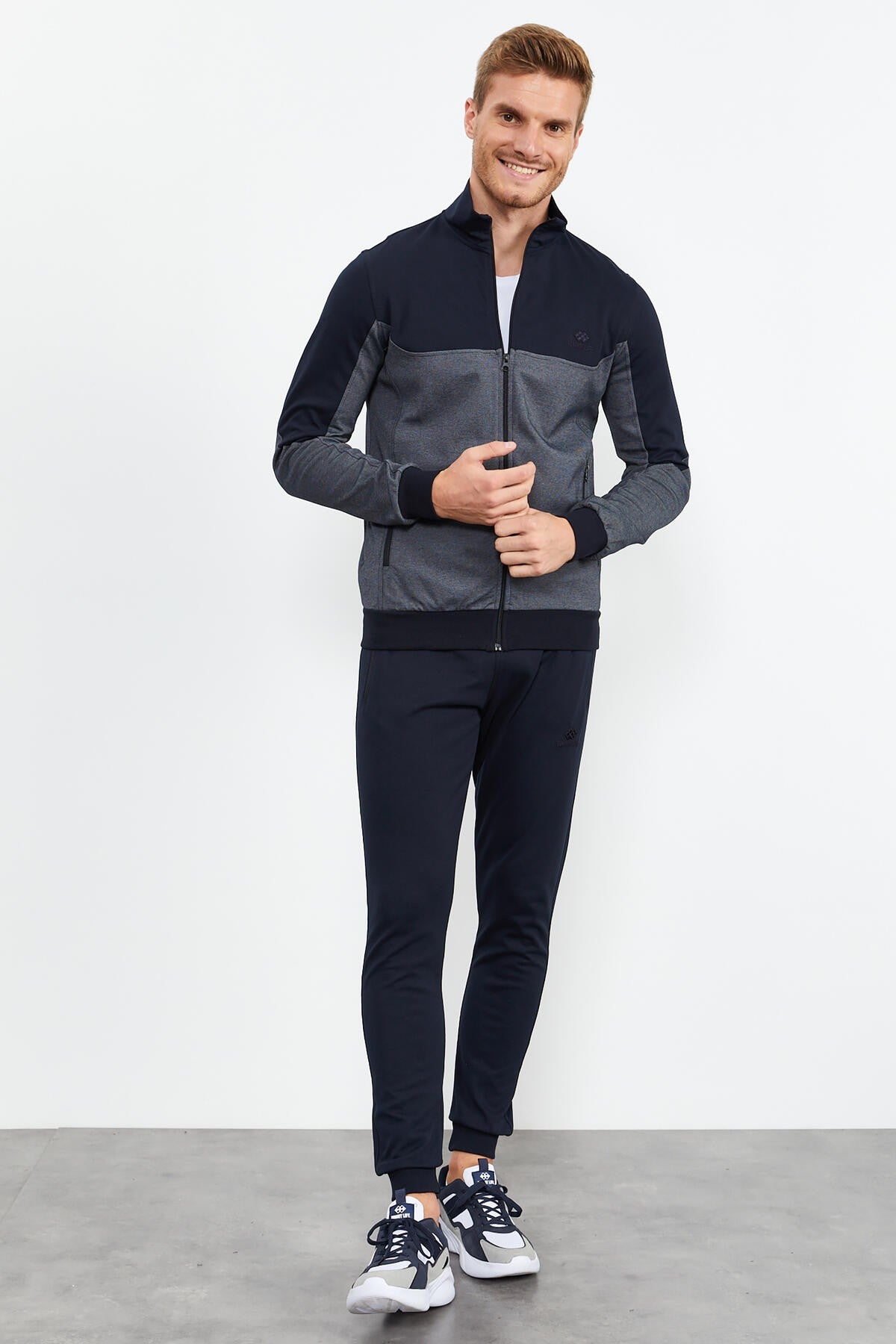 Navy Blue High Collar Two-Tone Standard Fit Cuff Men's Tracksuit Set - 85142