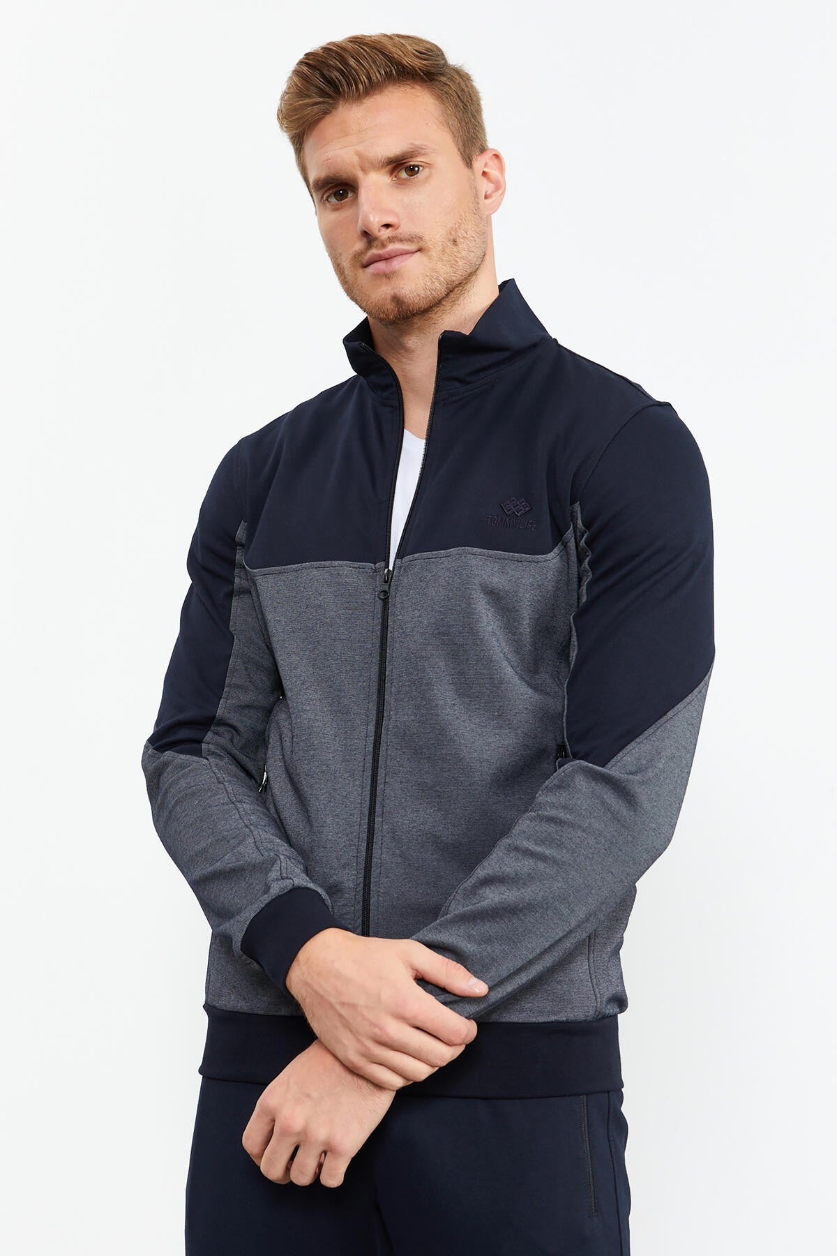 Navy Blue High Collar Two-Tone Standard Fit Cuff Men's Tracksuit Set - 85142