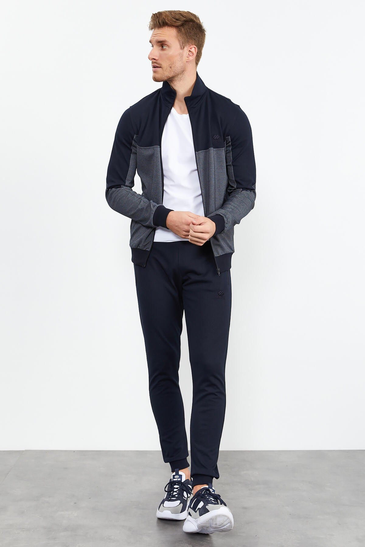 Navy Blue High Collar Two-Tone Standard Fit Cuff Men's Tracksuit Set - 85142