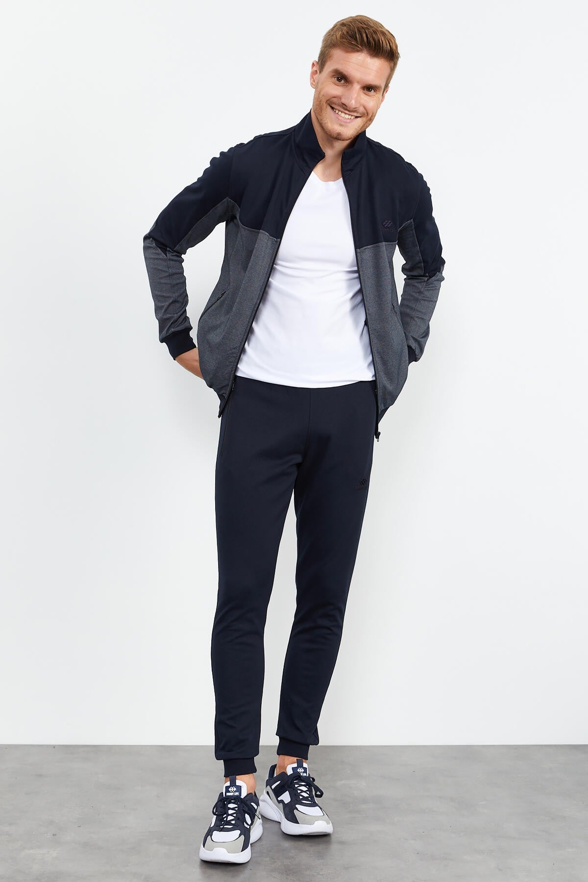 Navy Blue High Collar Two-Tone Standard Fit Cuff Men's Tracksuit Set - 85142