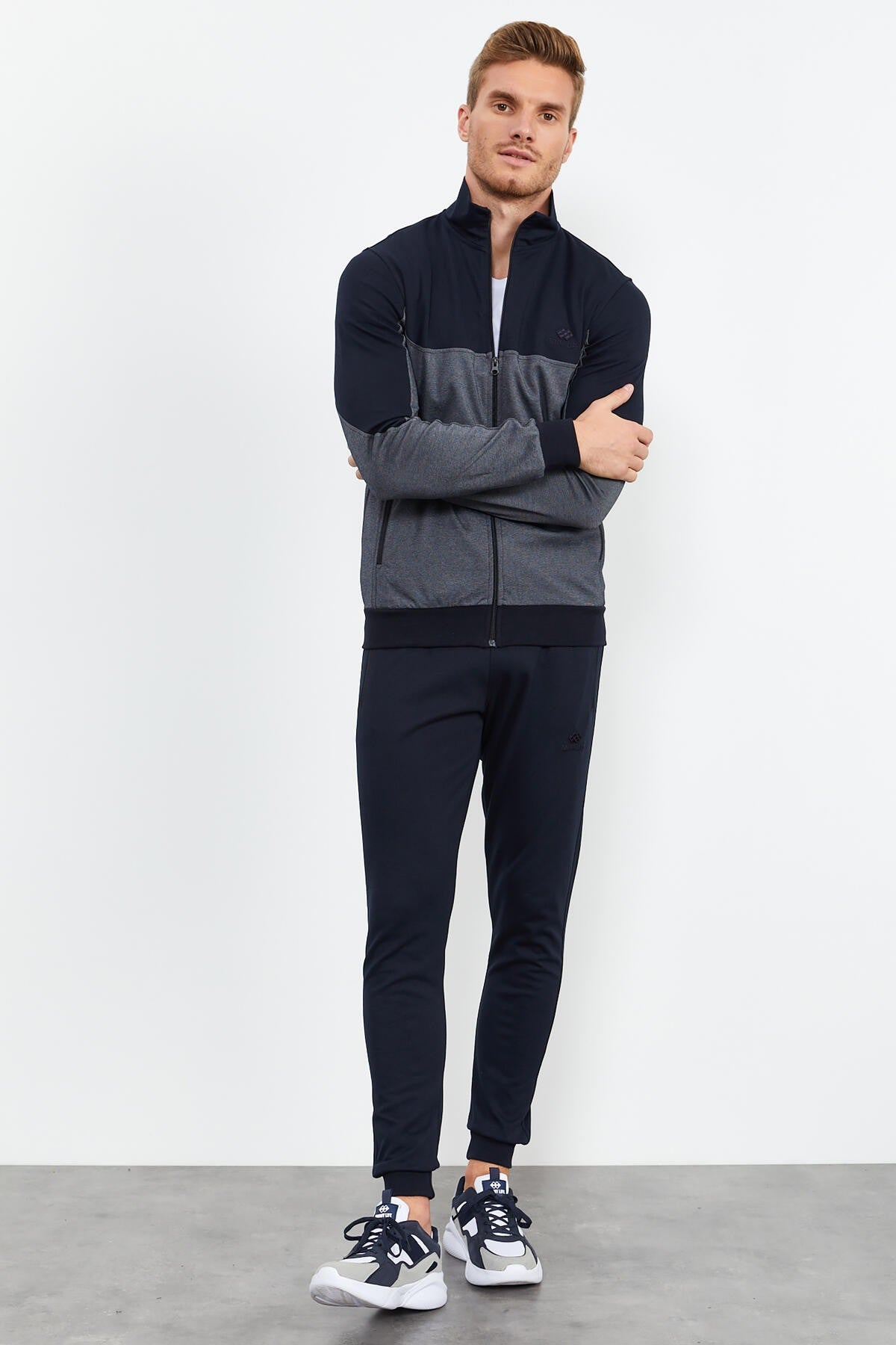 Navy Blue High Collar Two-Tone Standard Fit Cuff Men's Tracksuit Set - 85142