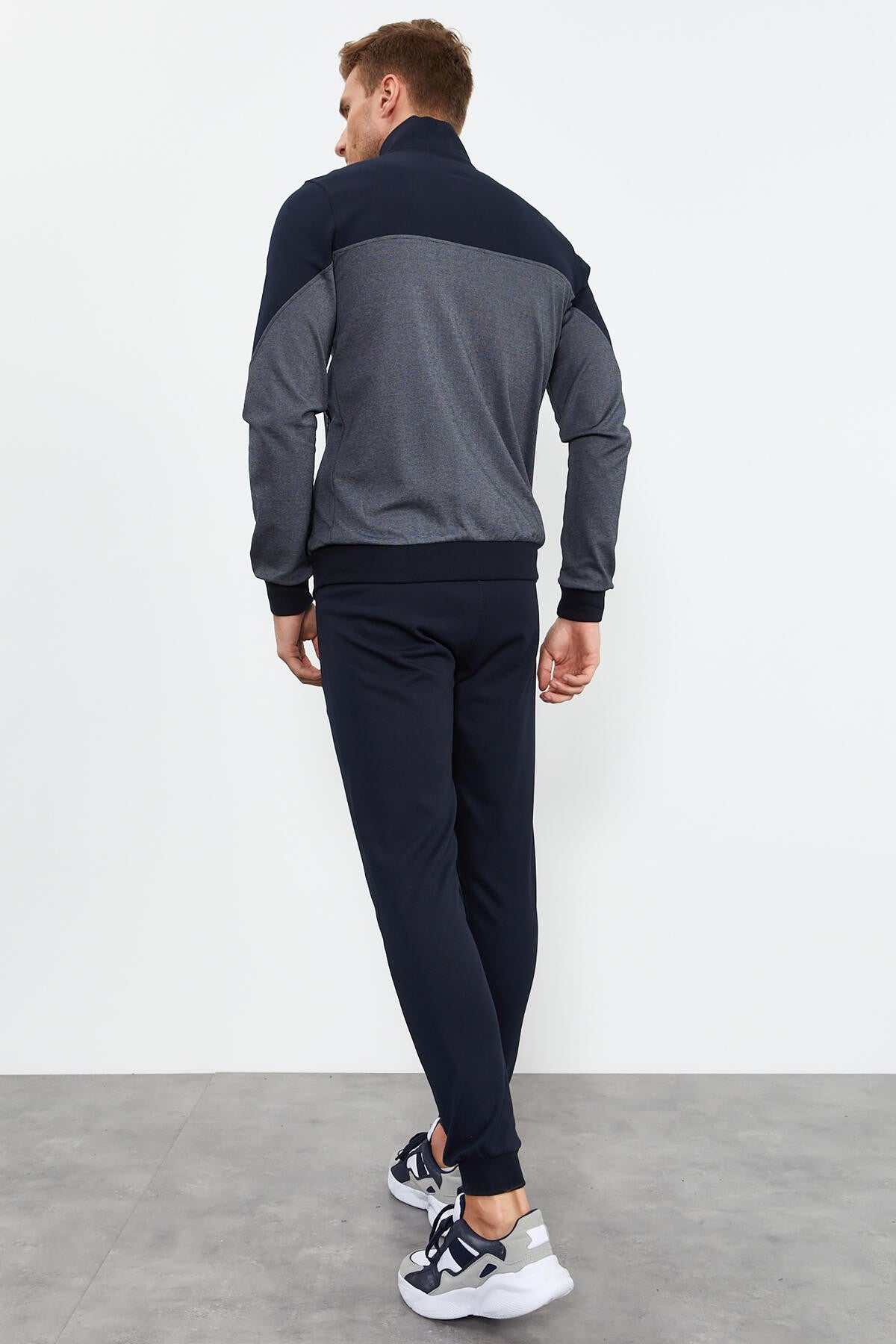 Navy Blue High Collar Two-Tone Standard Fit Cuff Men's Tracksuit Set - 85142