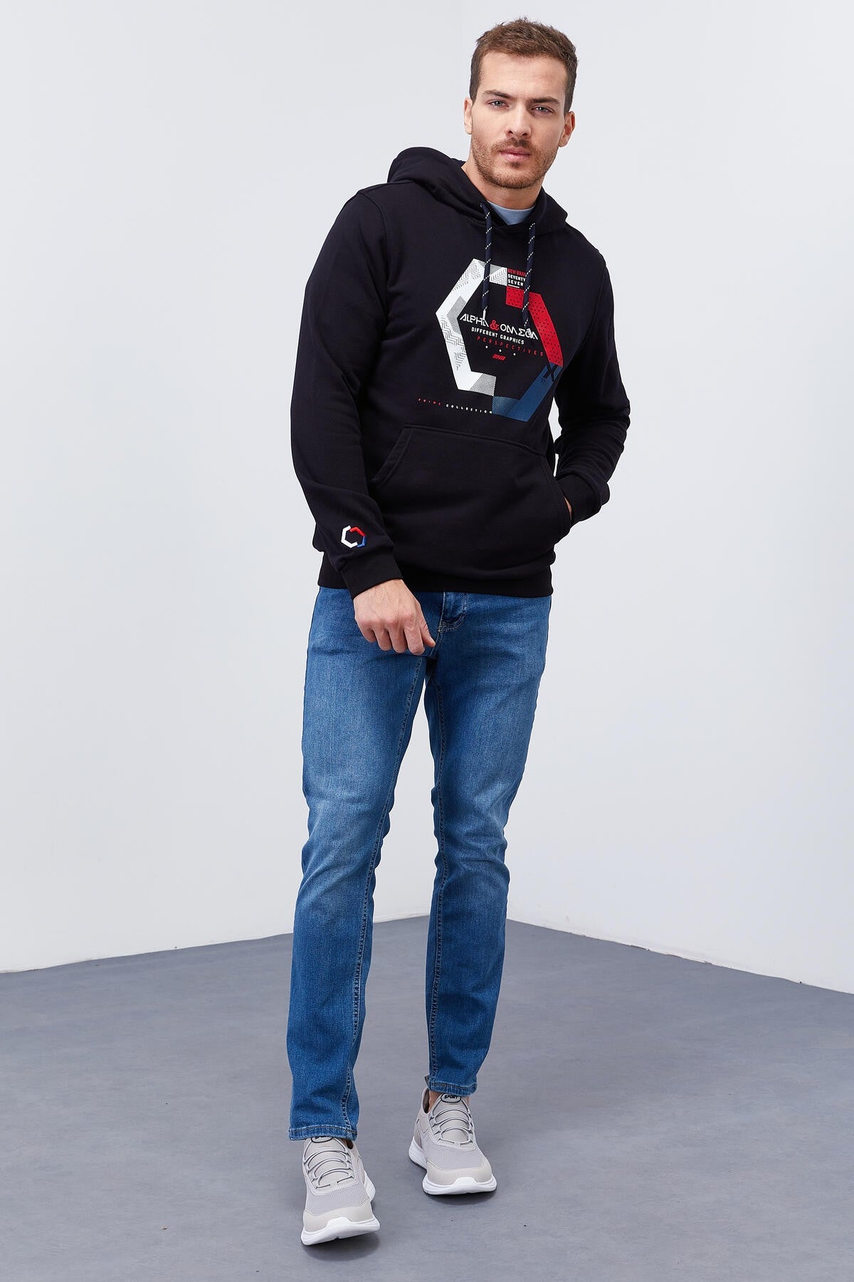 Navy Blue Geometric Print Standard Fit Men's Hooded Sweatshirt - 87870