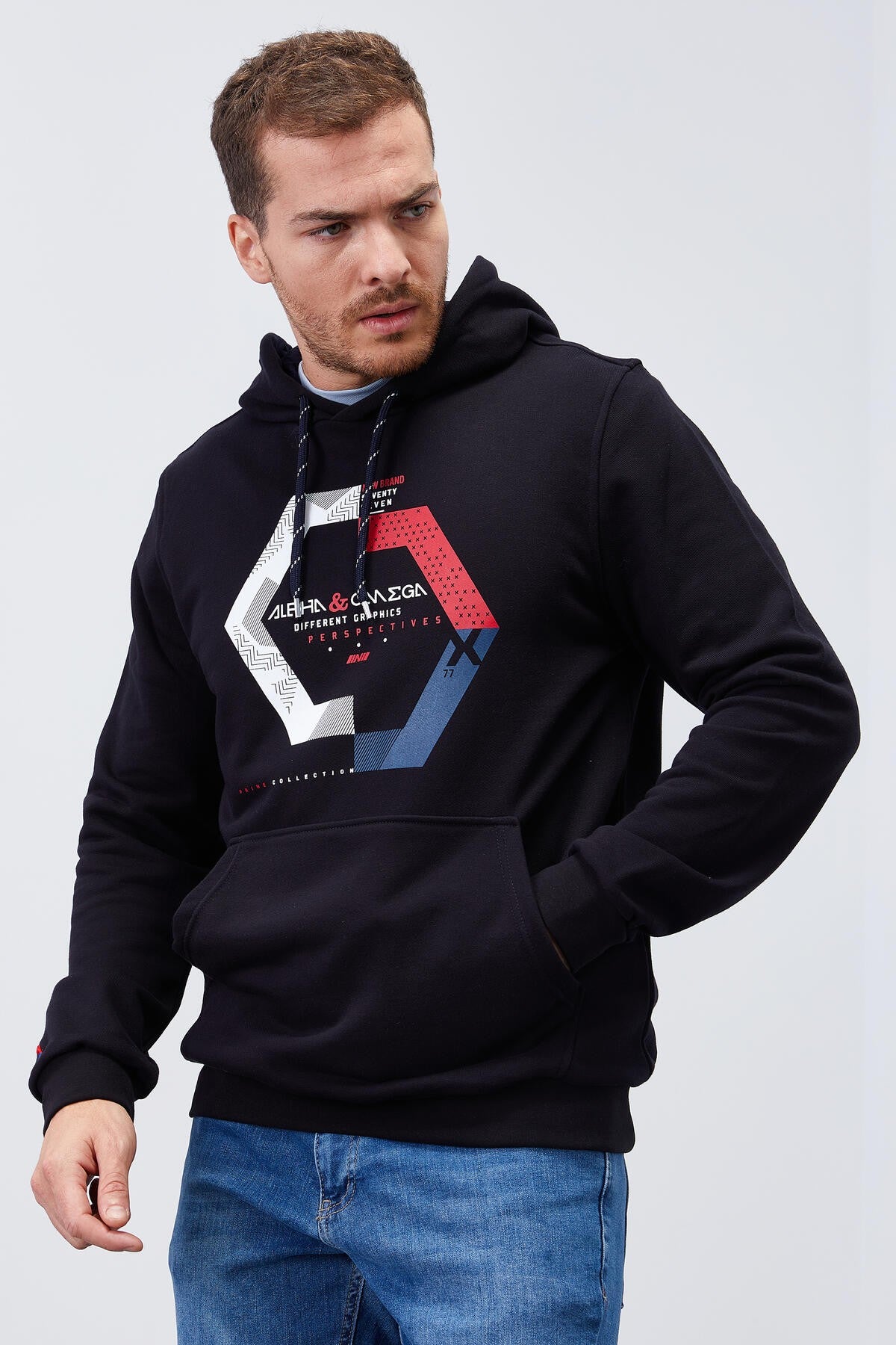 Navy Blue Geometric Print Standard Fit Men's Hooded Sweatshirt - 87870