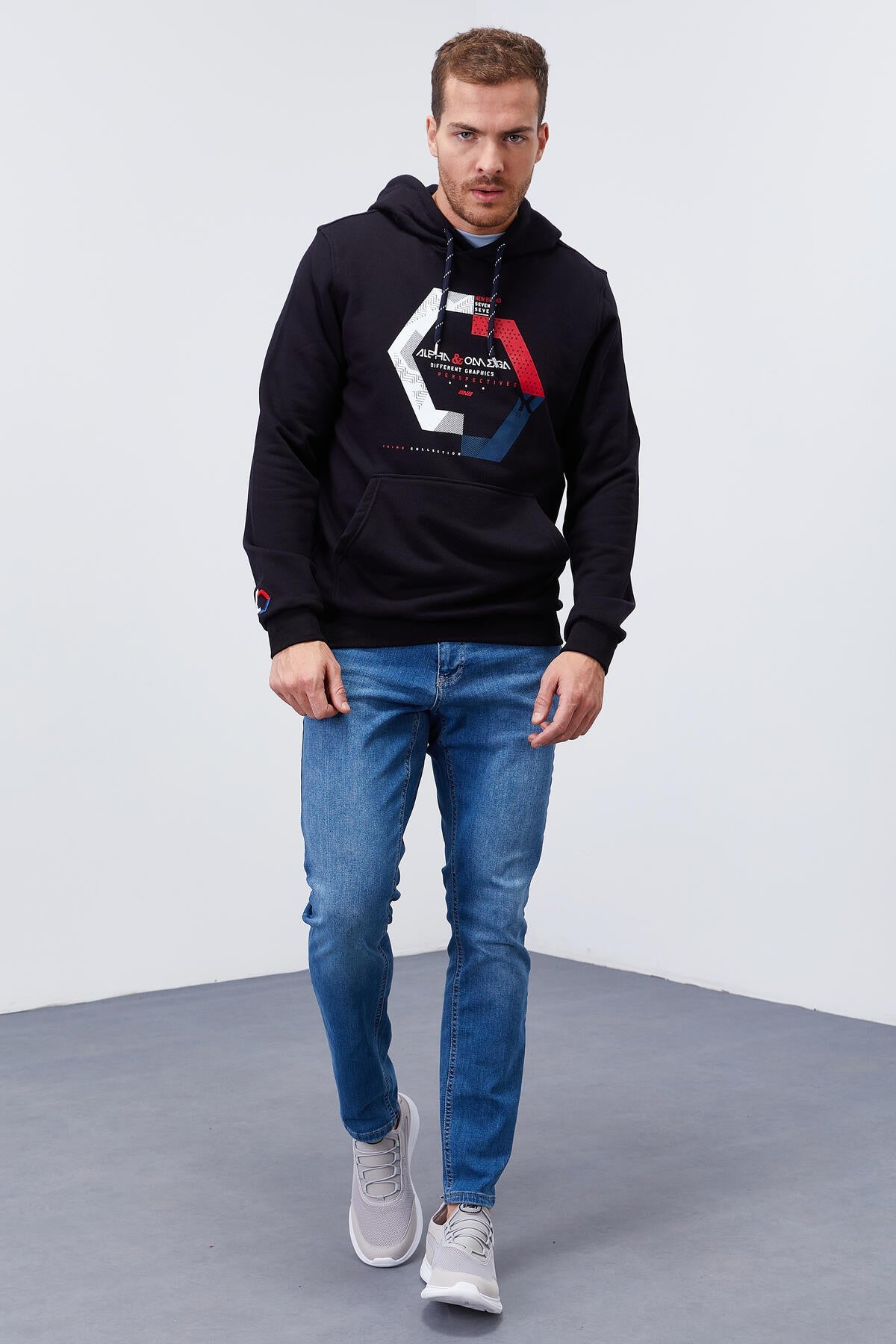Navy Blue Geometric Print Standard Fit Men's Hooded Sweatshirt - 87870