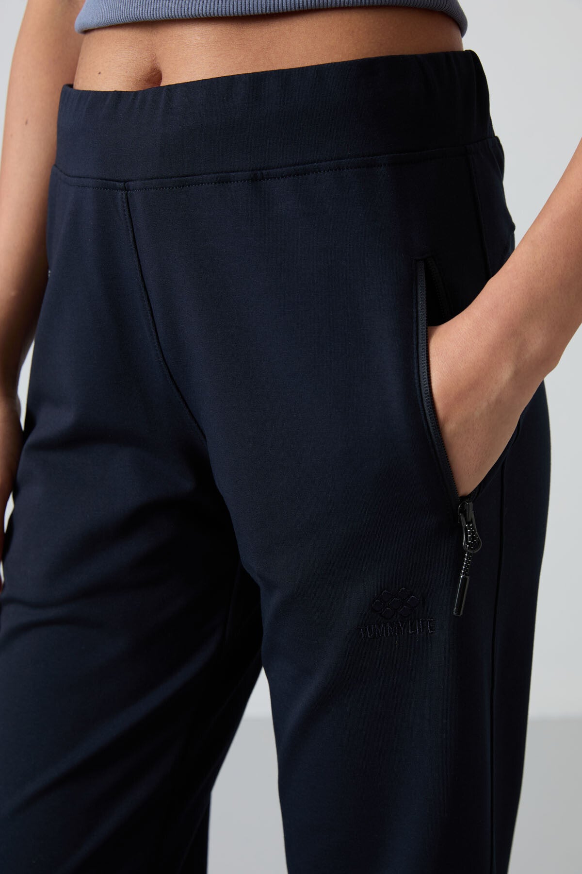 Navy Blue Zippered Comfort Fit Classic Hem Women's Tracksuit Bottom - 94195