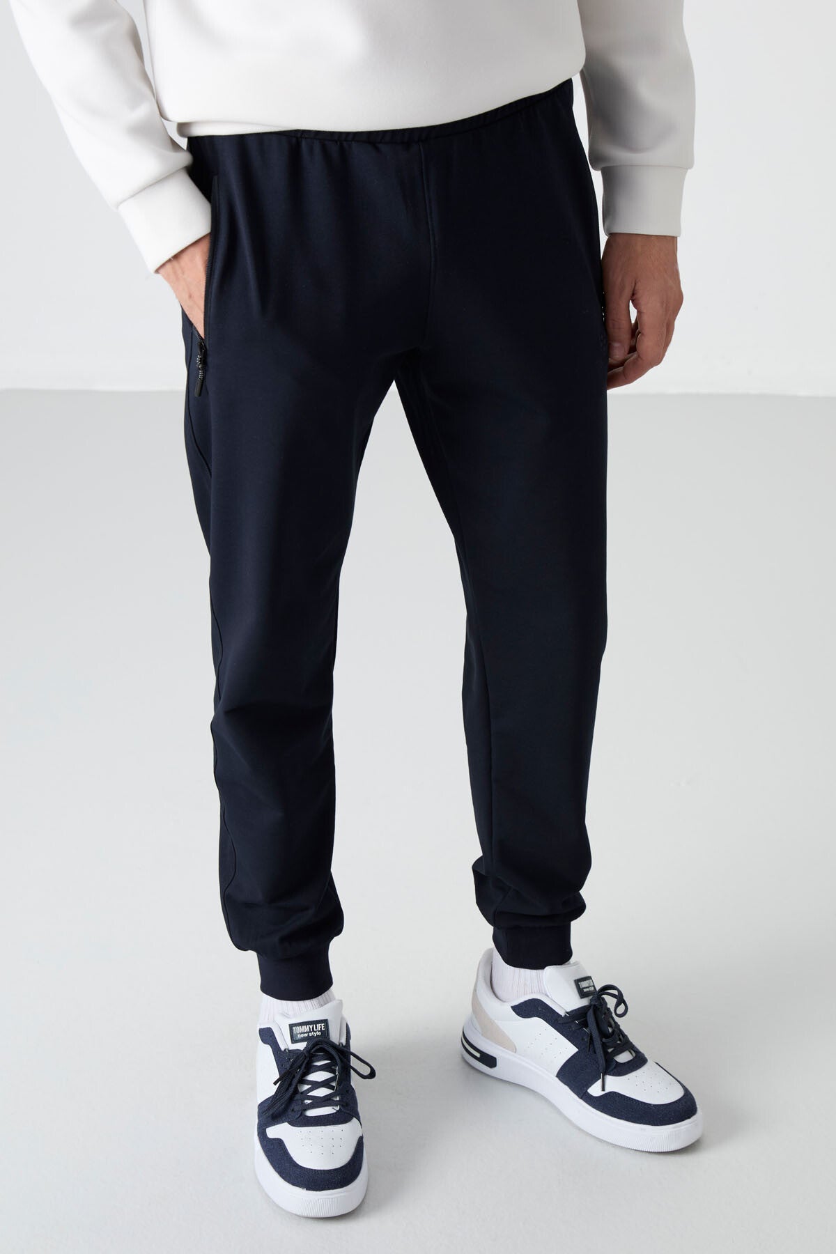 Navy Blue Zippered Standard Fit Jogger Men's Tracksuit Bottom - 84587