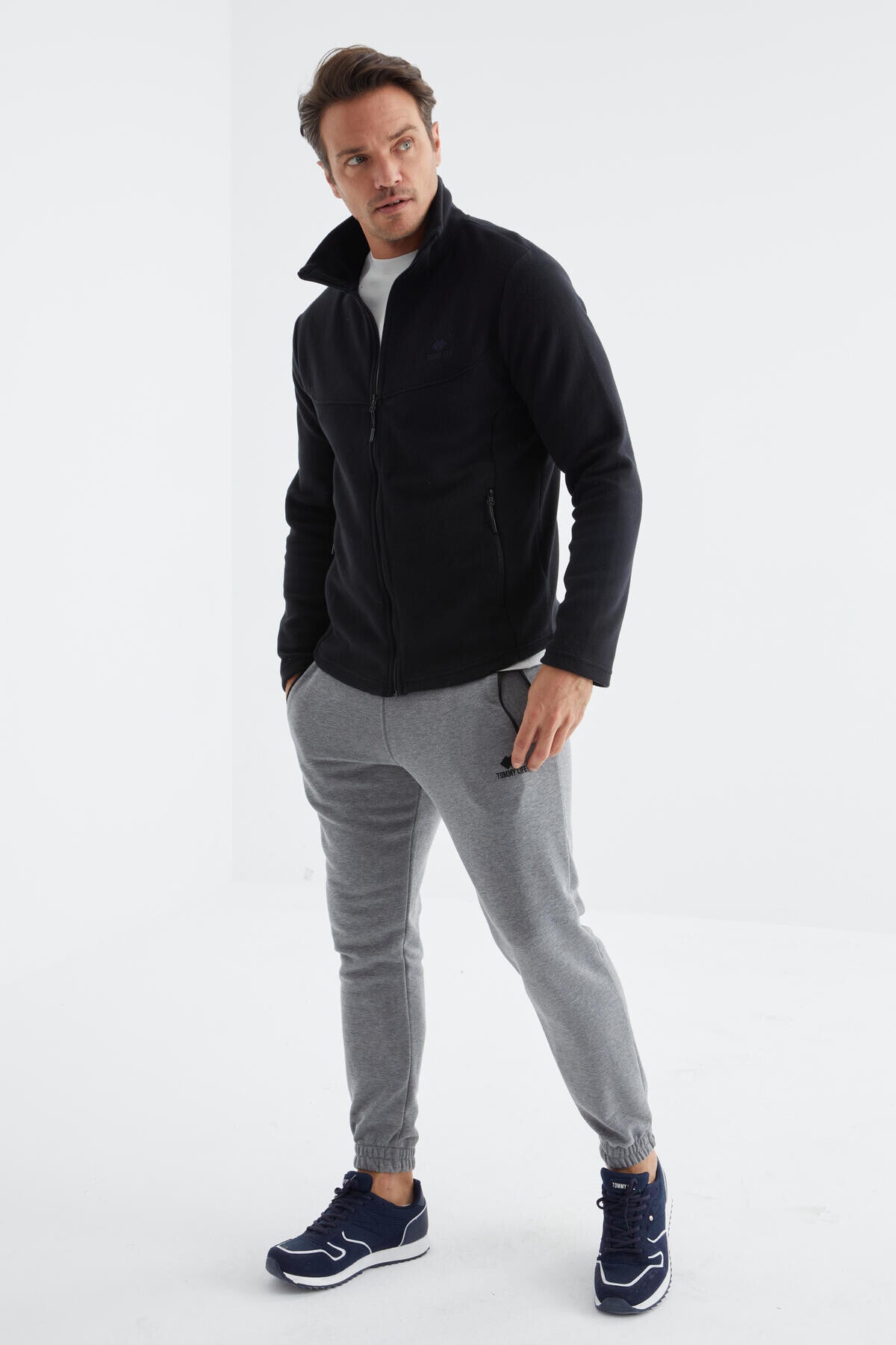 Navy Blue Zippered High Collar Standard Fit Men's Fleece Sweatshirt - 88134