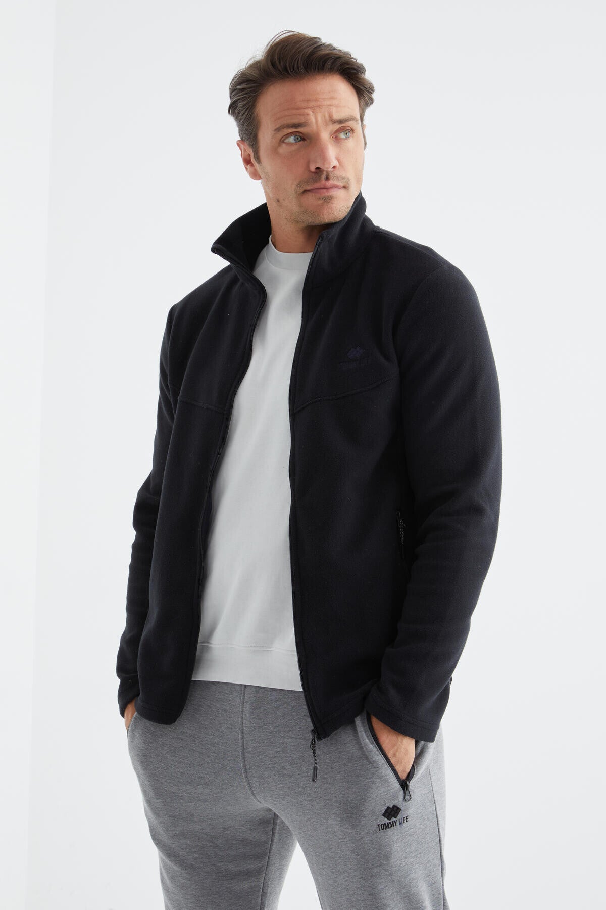 Navy Blue Zippered High Collar Standard Fit Men's Fleece Sweatshirt - 88134