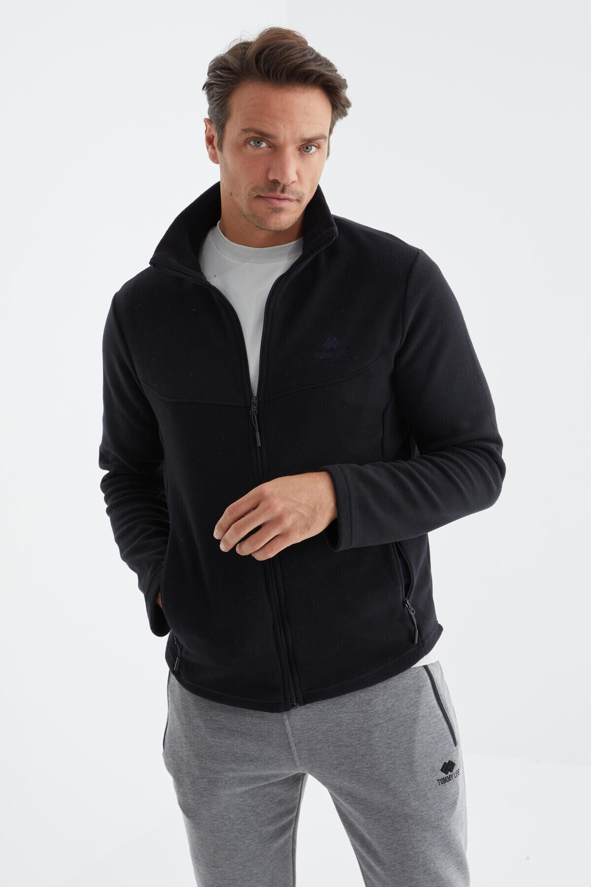 Navy Blue Zippered High Collar Standard Fit Men's Fleece Sweatshirt - 88134