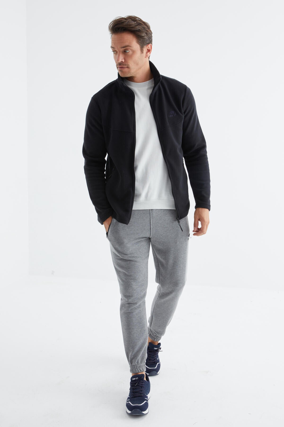 Navy Blue Zippered High Collar Standard Fit Men's Fleece Sweatshirt - 88134