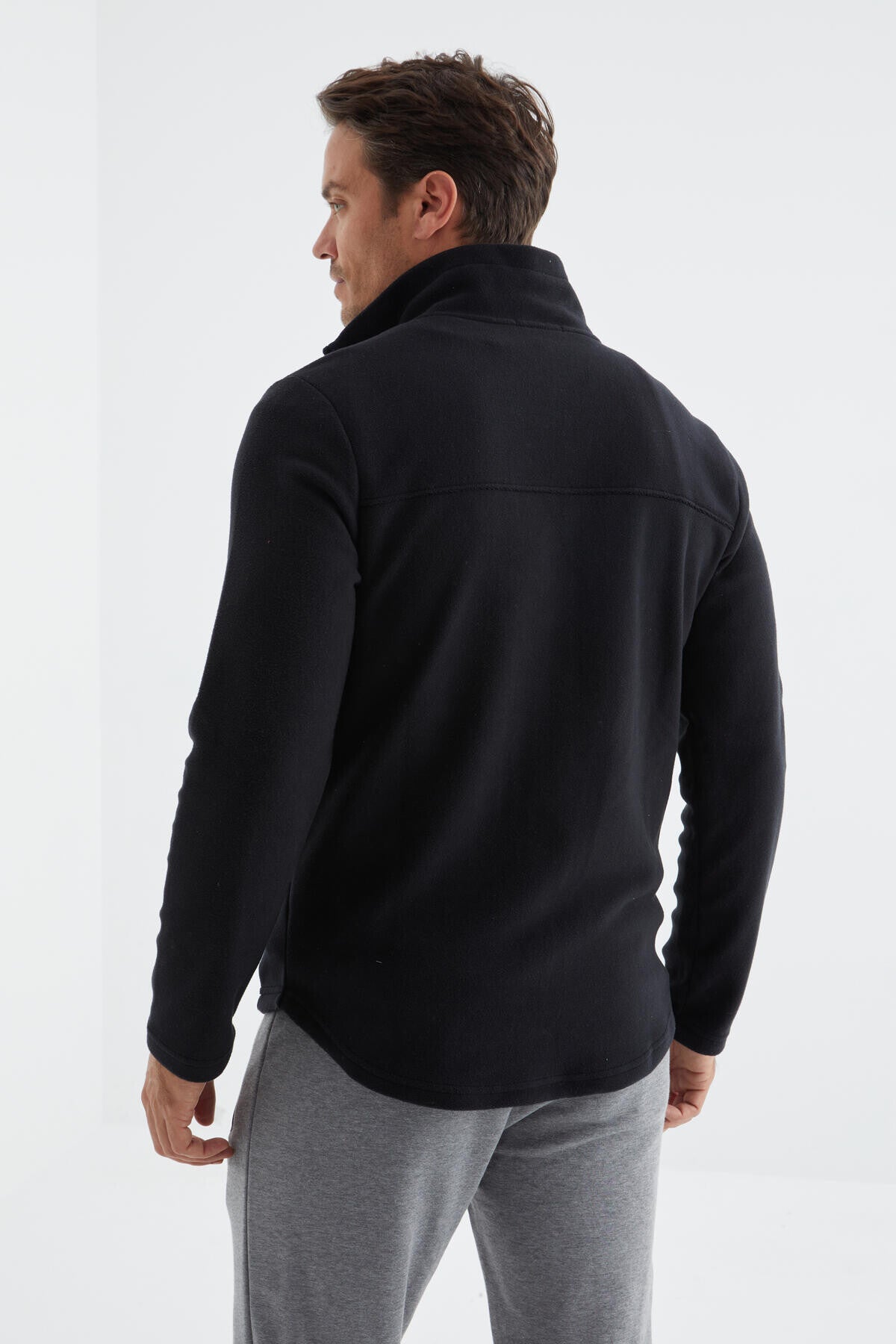 Navy Blue Zippered High Collar Standard Fit Men's Fleece Sweatshirt - 88134