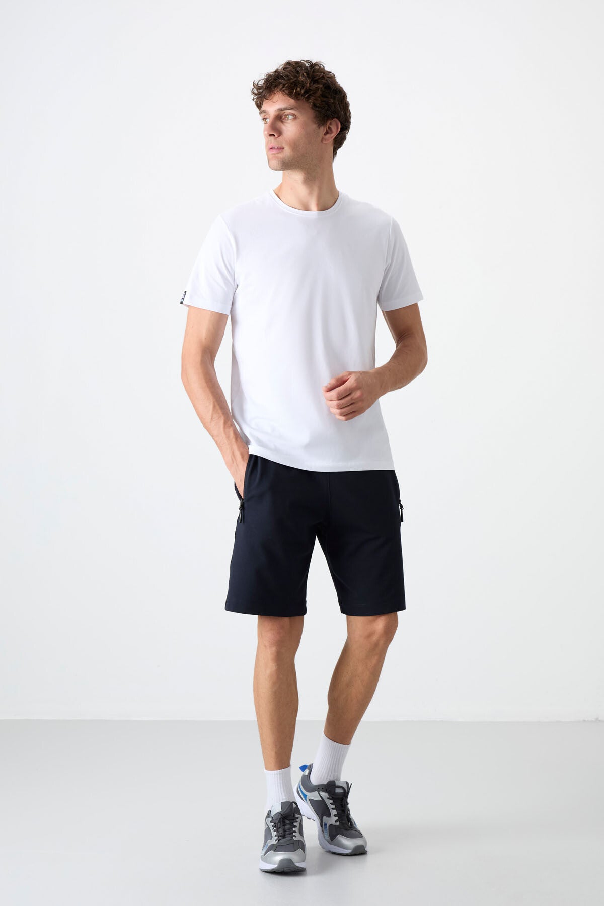 Navy Blue Hidden Zipper Back Pocket Laced Standard Fit Men's Shorts - 81136