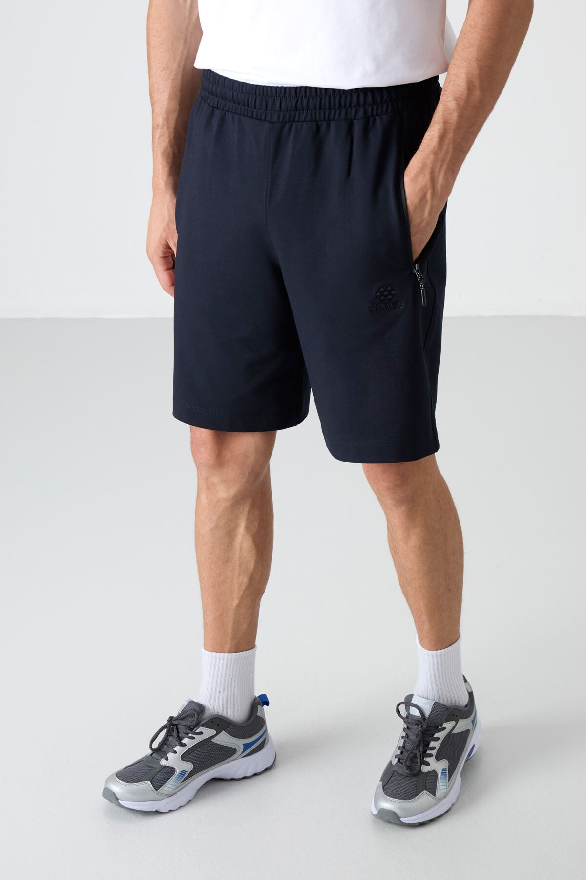 Navy Blue Hidden Zipper Back Pocket Laced Standard Fit Men's Shorts - 81136