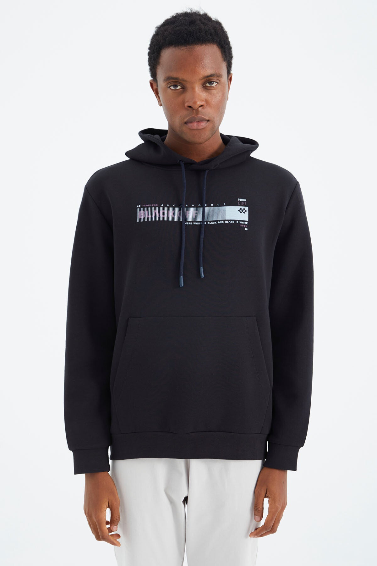 Navy Blue Hooded Laced Print Detailed Relax Fit Men's Sweatshirt - 88287