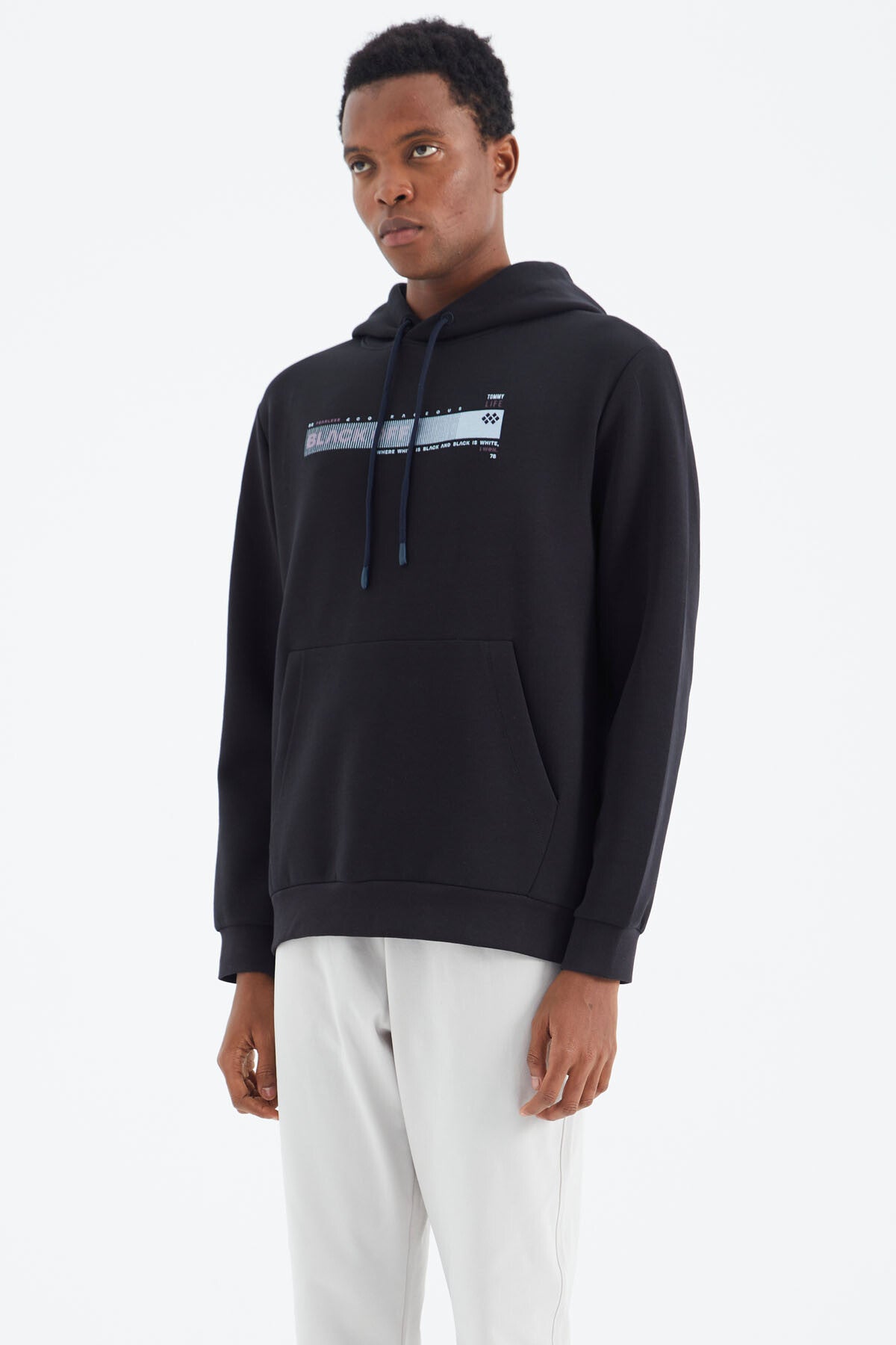 Navy Blue Hooded Laced Print Detailed Relax Fit Men's Sweatshirt - 88287