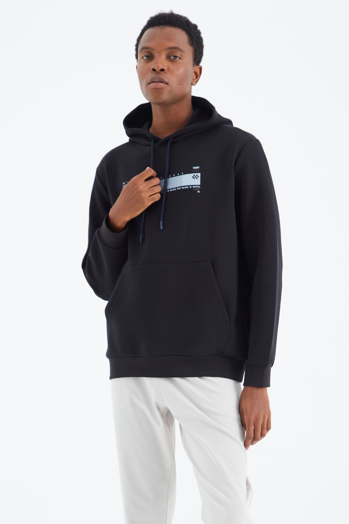 Navy Blue Hooded Laced Print Detailed Relax Fit Men's Sweatshirt - 88287