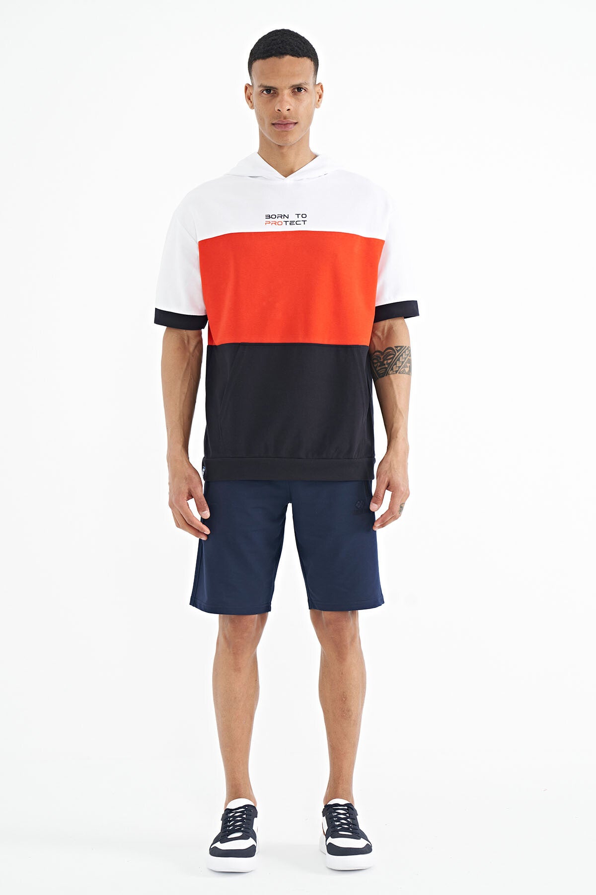Navy Blue Printed Detailed Oversize Men's Hooded T-shirt - 88191