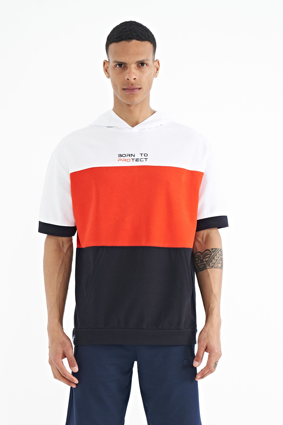 Navy Blue Printed Detailed Oversize Men's Hooded T-shirt - 88191