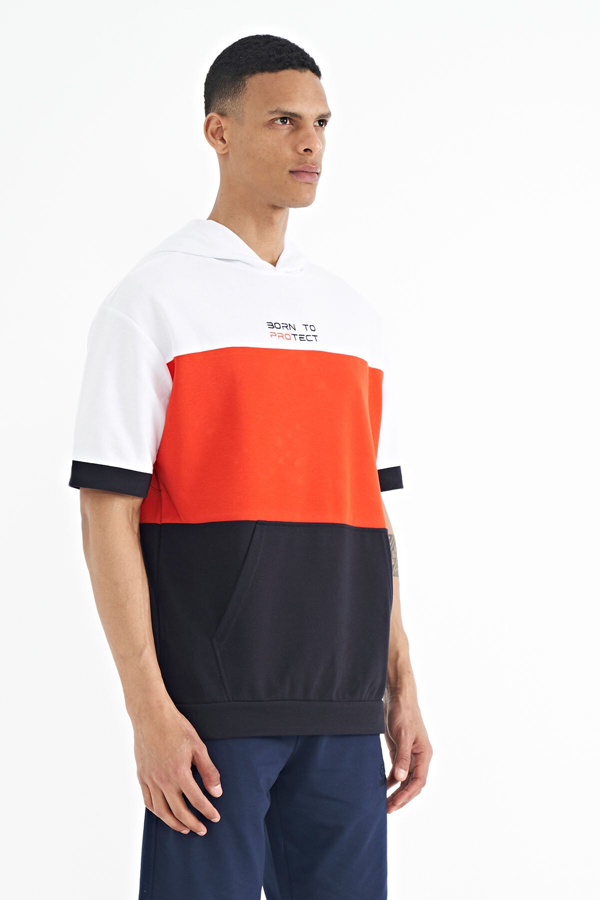 Navy Blue Printed Detailed Oversize Men's Hooded T-shirt - 88191