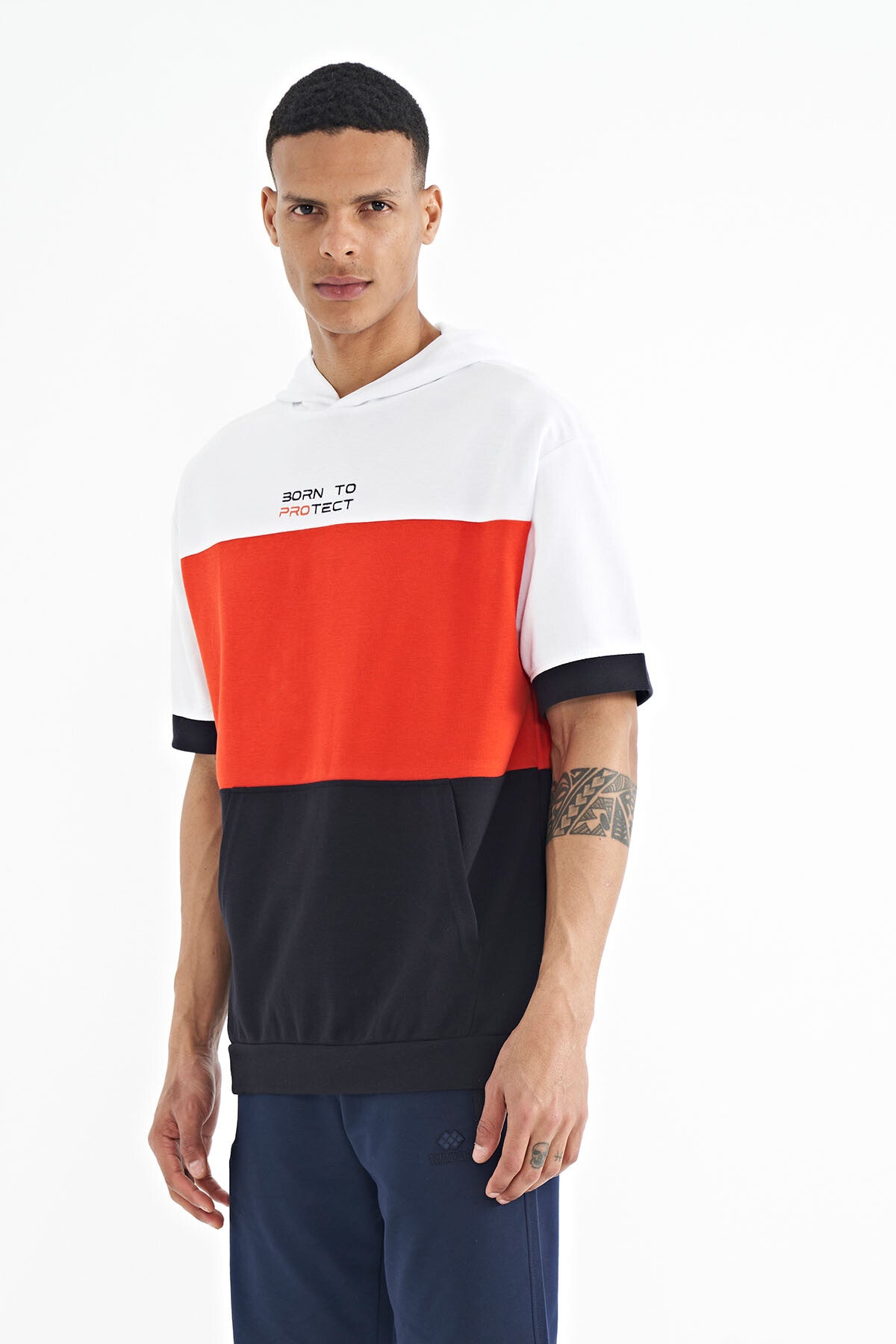 Navy Blue Printed Detailed Oversize Men's Hooded T-shirt - 88191