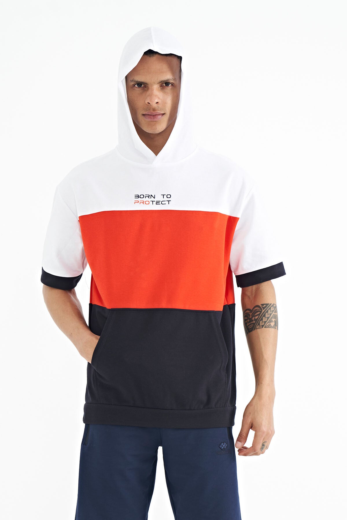 Navy Blue Printed Detailed Oversize Men's Hooded T-shirt - 88191