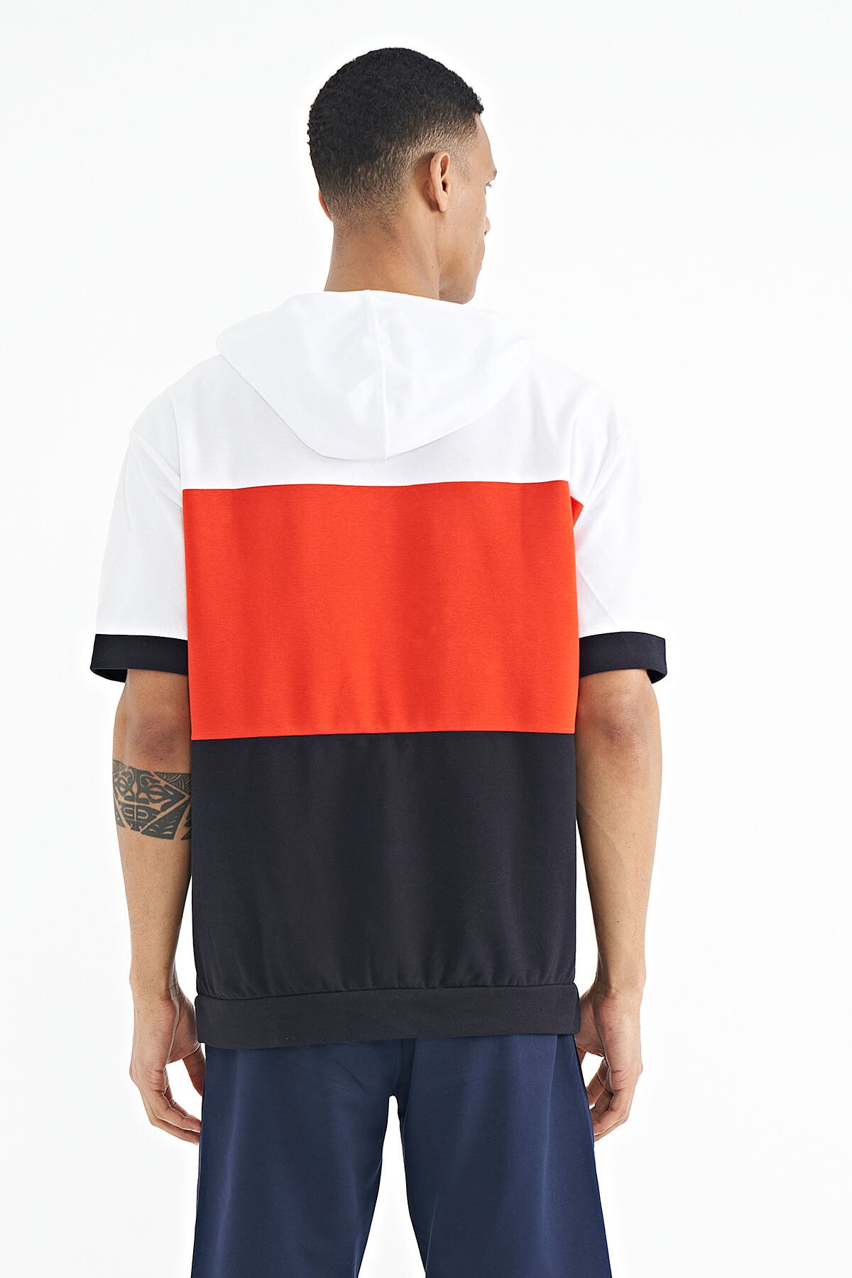 Navy Blue Printed Detailed Oversize Men's Hooded T-shirt - 88191