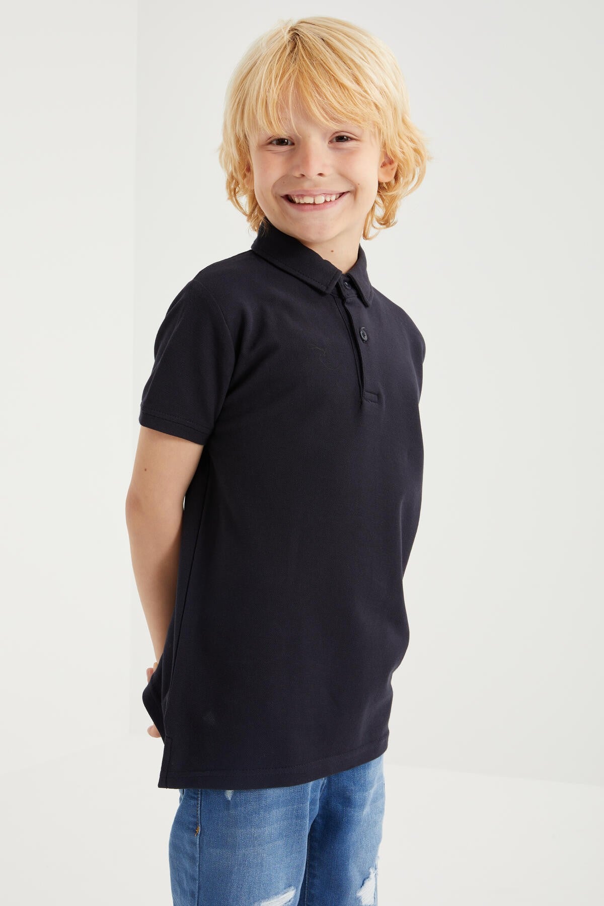 Navy Blue Classic Short Sleeve Polo Collar Boys T-Shirt - 10962