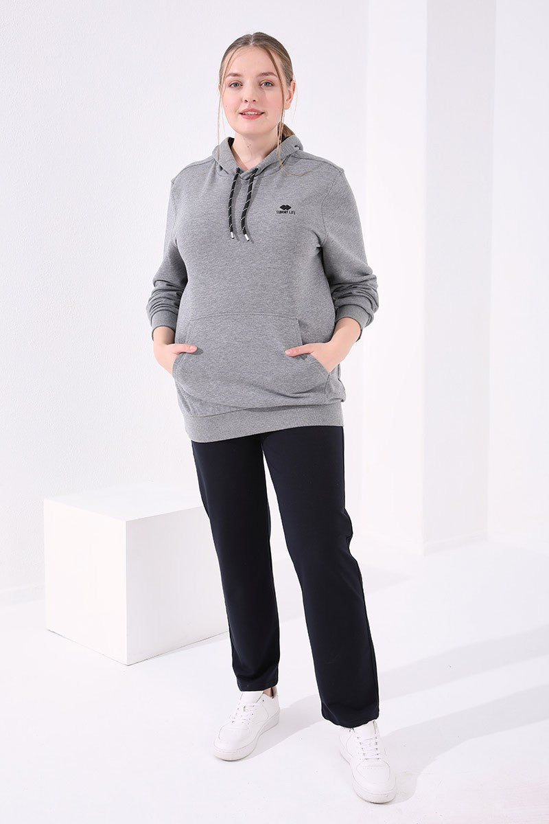 Navy Blue Classic Stone Detailed Women's Plus Size Tracksuit Bottom - 94040