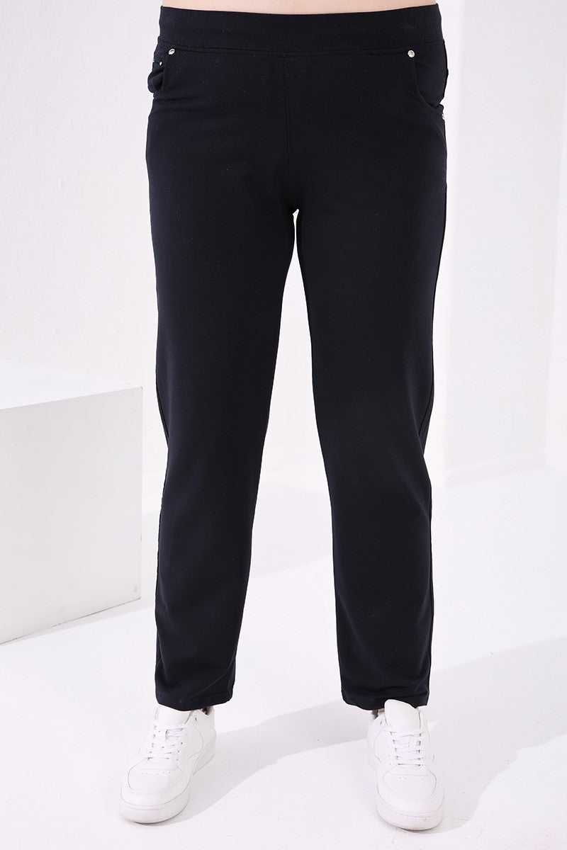 Navy Blue Classic Stone Detailed Women's Plus Size Tracksuit Bottom - 94040