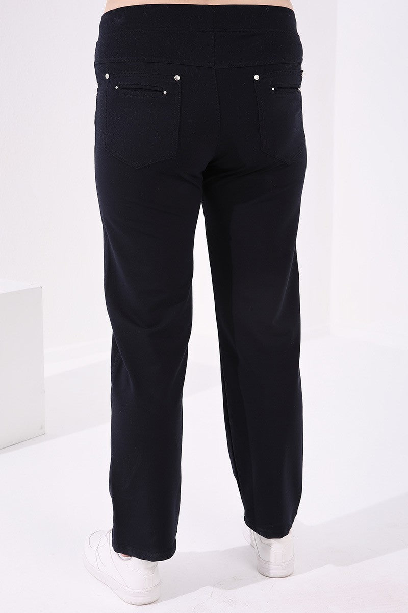 Navy Blue Classic Stone Detailed Women's Plus Size Tracksuit Bottom - 94040