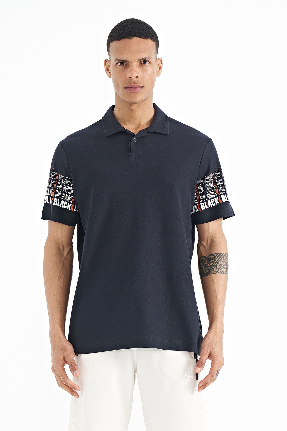 Navy Blue Collar Print Detailed Polo Collar Standard Fit Men's T-shirt - 88240