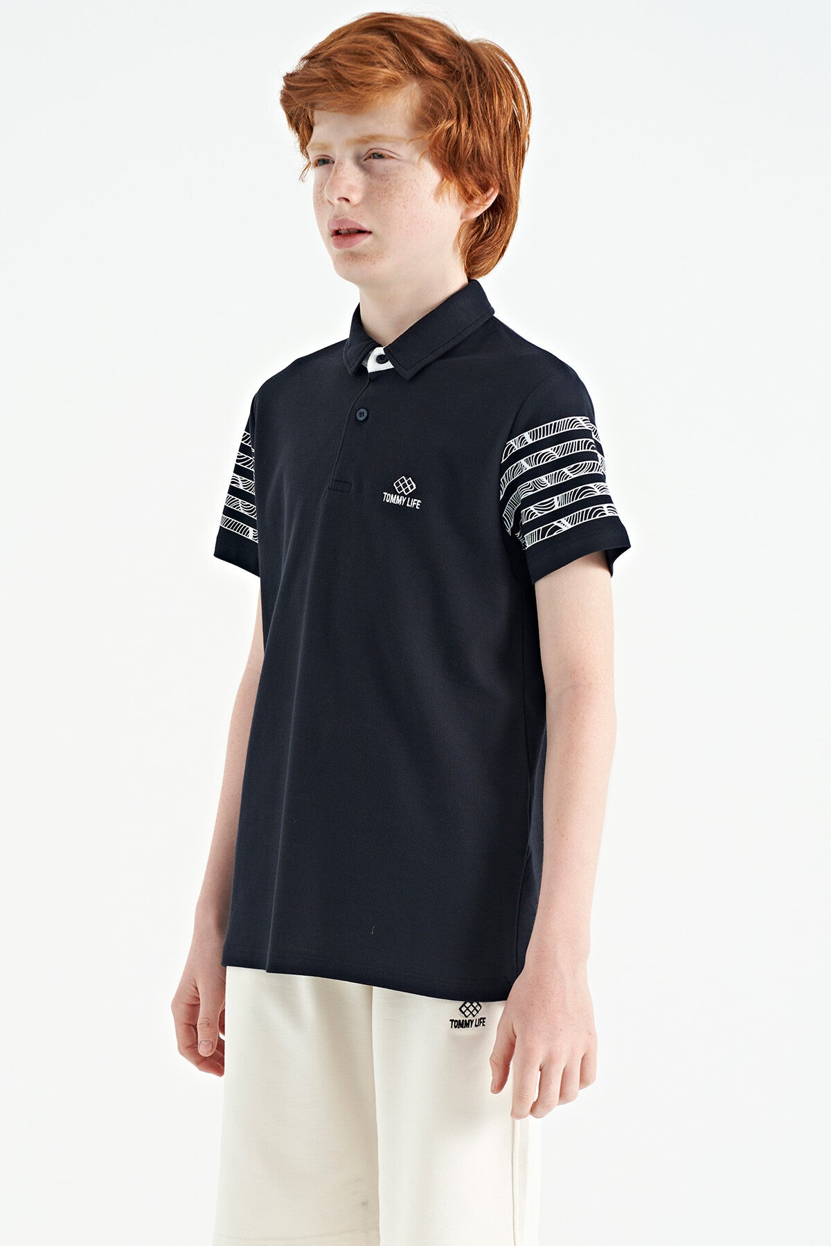 Navy Blue Cuff Print Detailed Standard Cut Polo Collar Boys T-Shirt - 11093