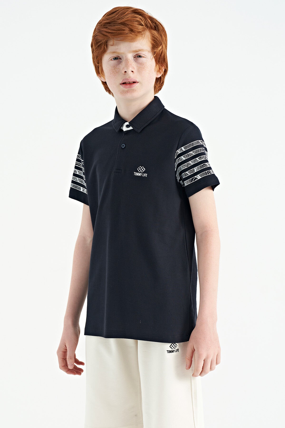 Navy Blue Cuff Print Detailed Standard Cut Polo Collar Boys T-Shirt - 11093