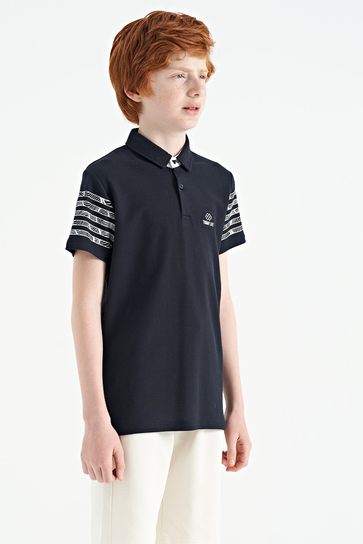 Navy Blue Cuff Print Detailed Standard Cut Polo Collar Boys T-Shirt - 11093