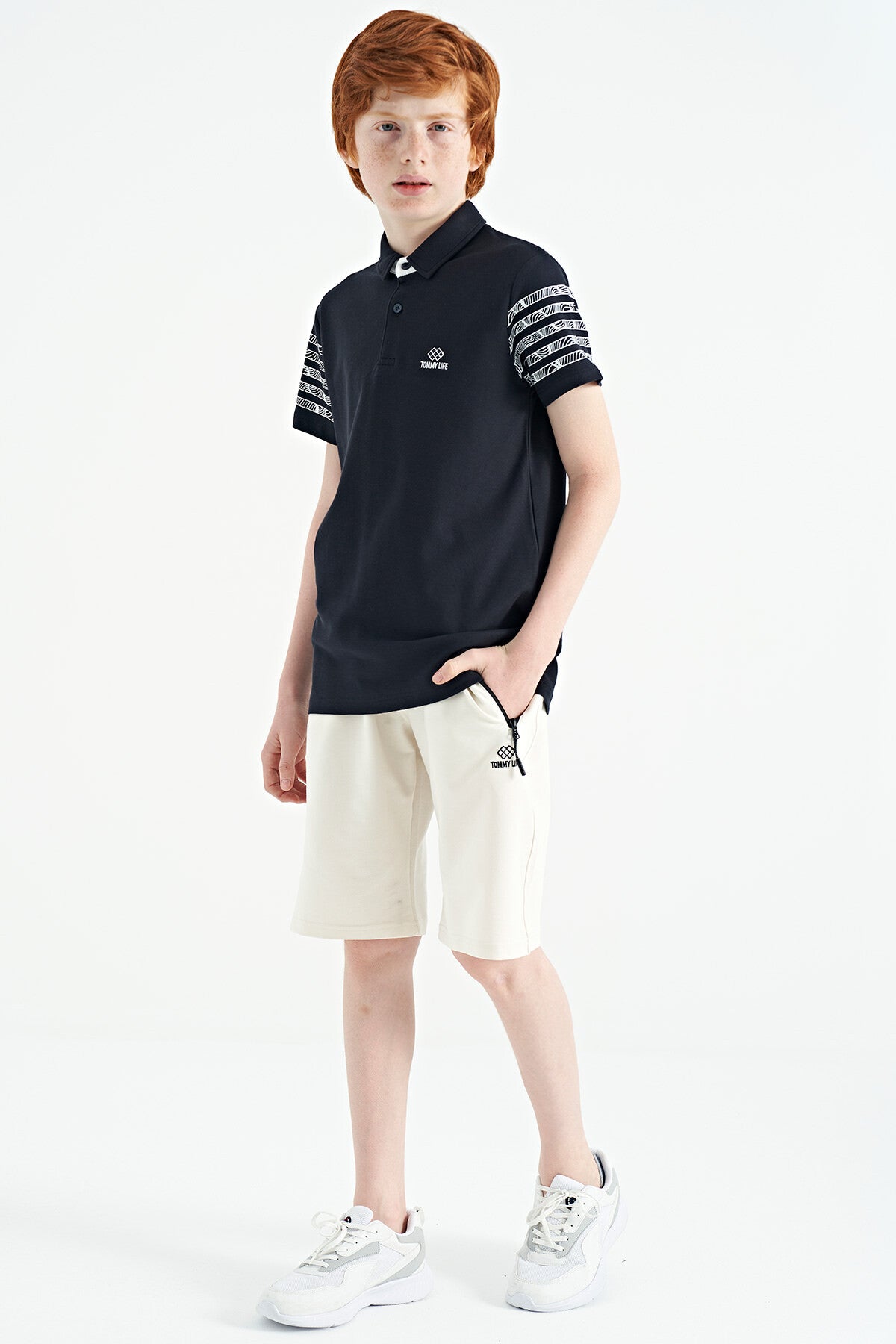 Navy Blue Cuff Print Detailed Standard Cut Polo Collar Boys T-Shirt - 11093