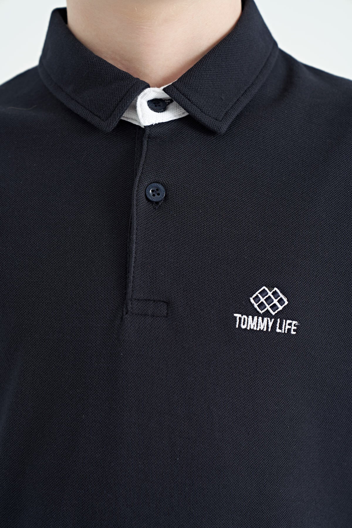Navy Blue Cuff Print Detailed Standard Cut Polo Collar Boys T-Shirt - 11093