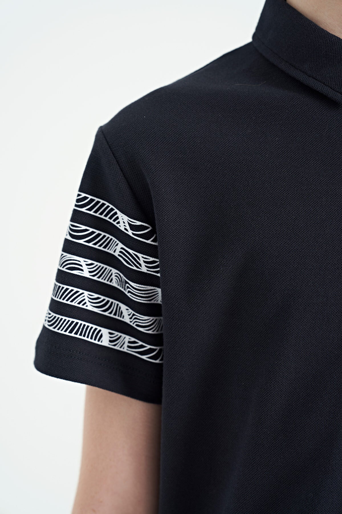 Navy Blue Cuff Print Detailed Standard Cut Polo Collar Boys T-Shirt - 11093