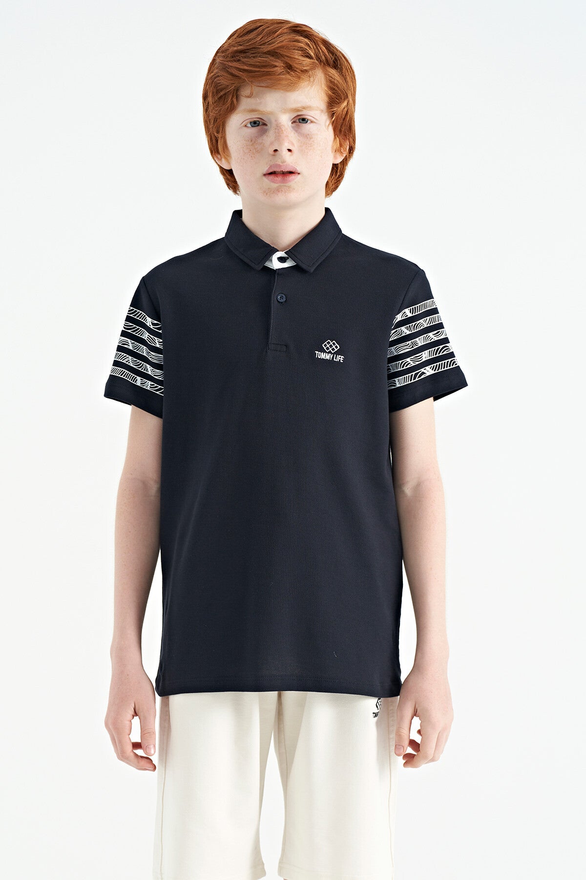Navy Blue Cuff Print Detailed Standard Cut Polo Collar Boys T-Shirt - 11093
