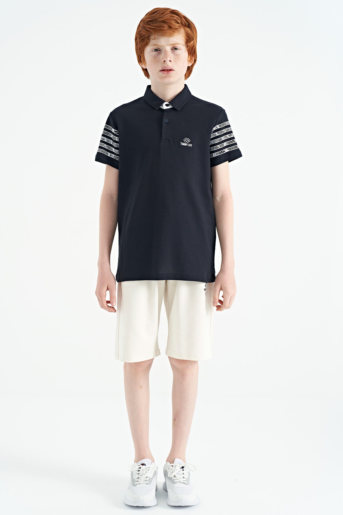 Navy Blue Cuff Print Detailed Standard Cut Polo Collar Boys T-Shirt - 11093