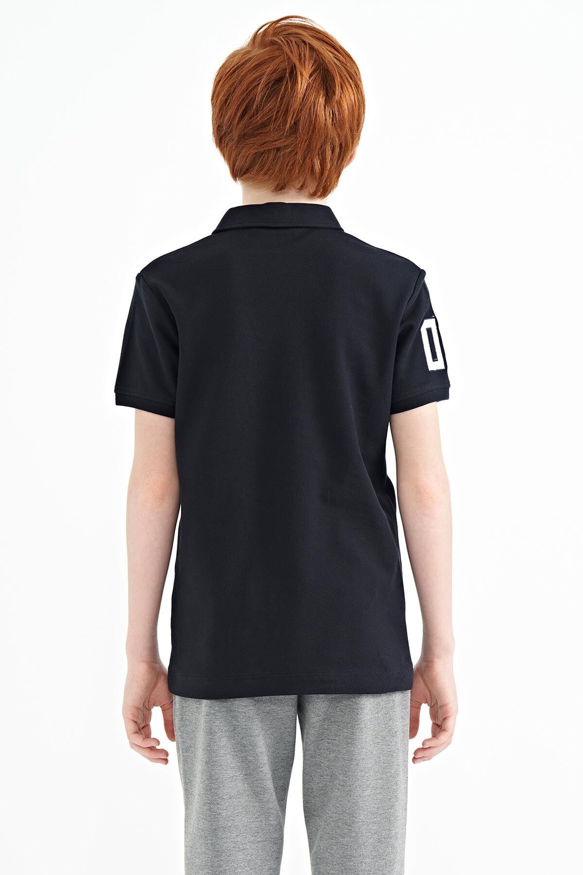 Navy Blue Embroidered Chest Detailed Standard Cut Polo Collar Boys' T-Shirt - 11086