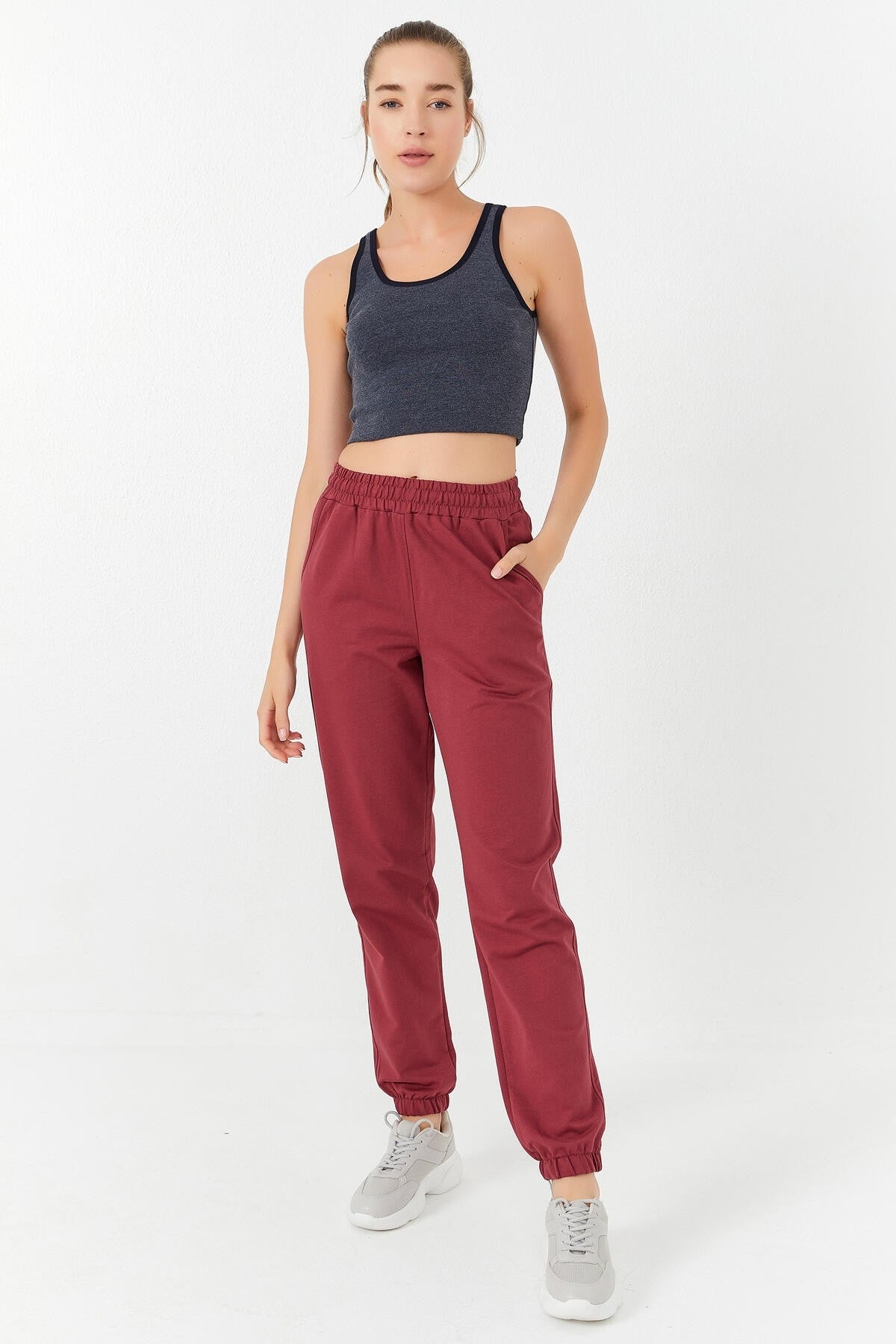 Navy Blue Melange Basic Slim Fit U Neck Women's Crop Top Singlet - 97162