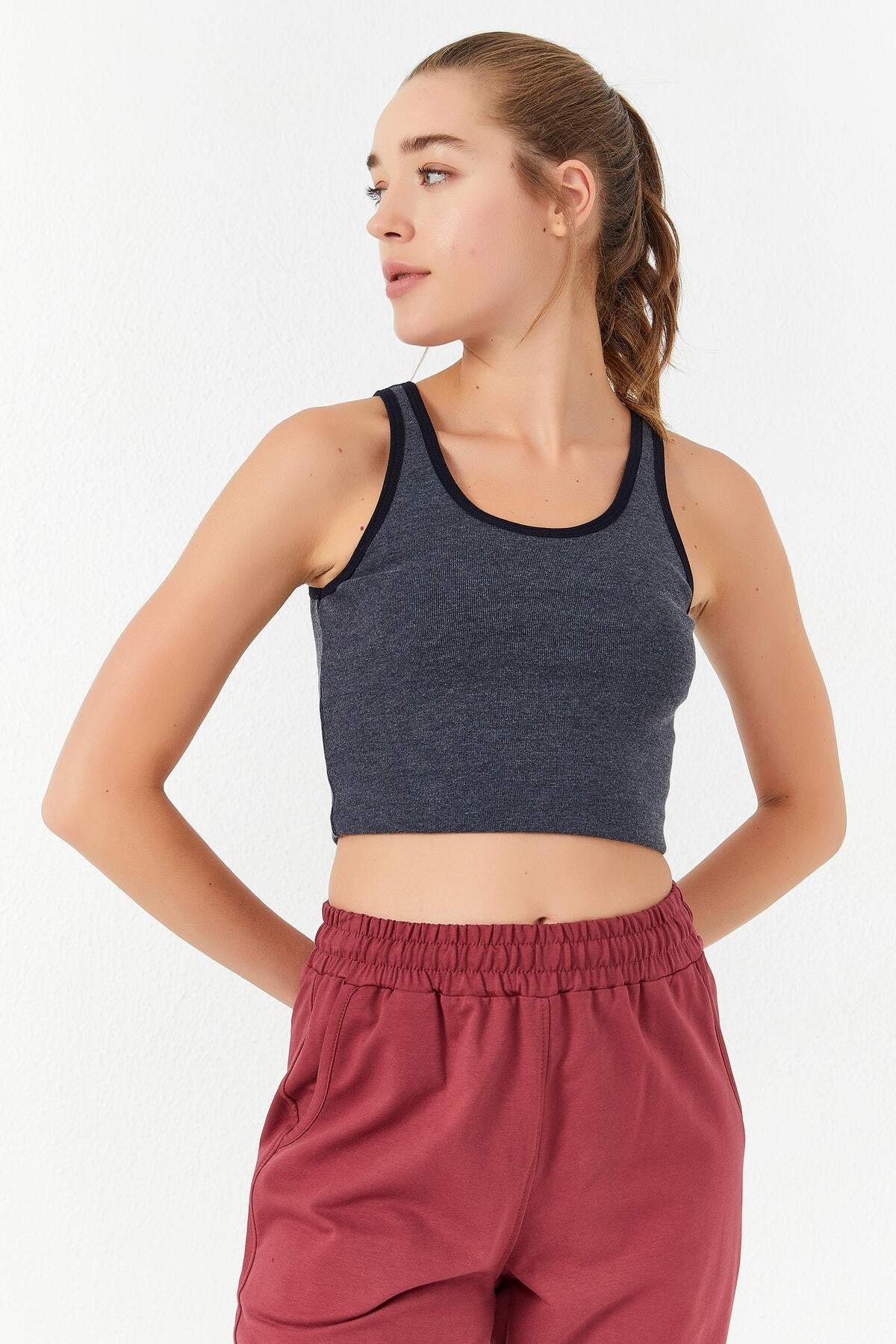 Navy Blue Melange Basic Slim Fit U Neck Women's Crop Top Singlet - 97162