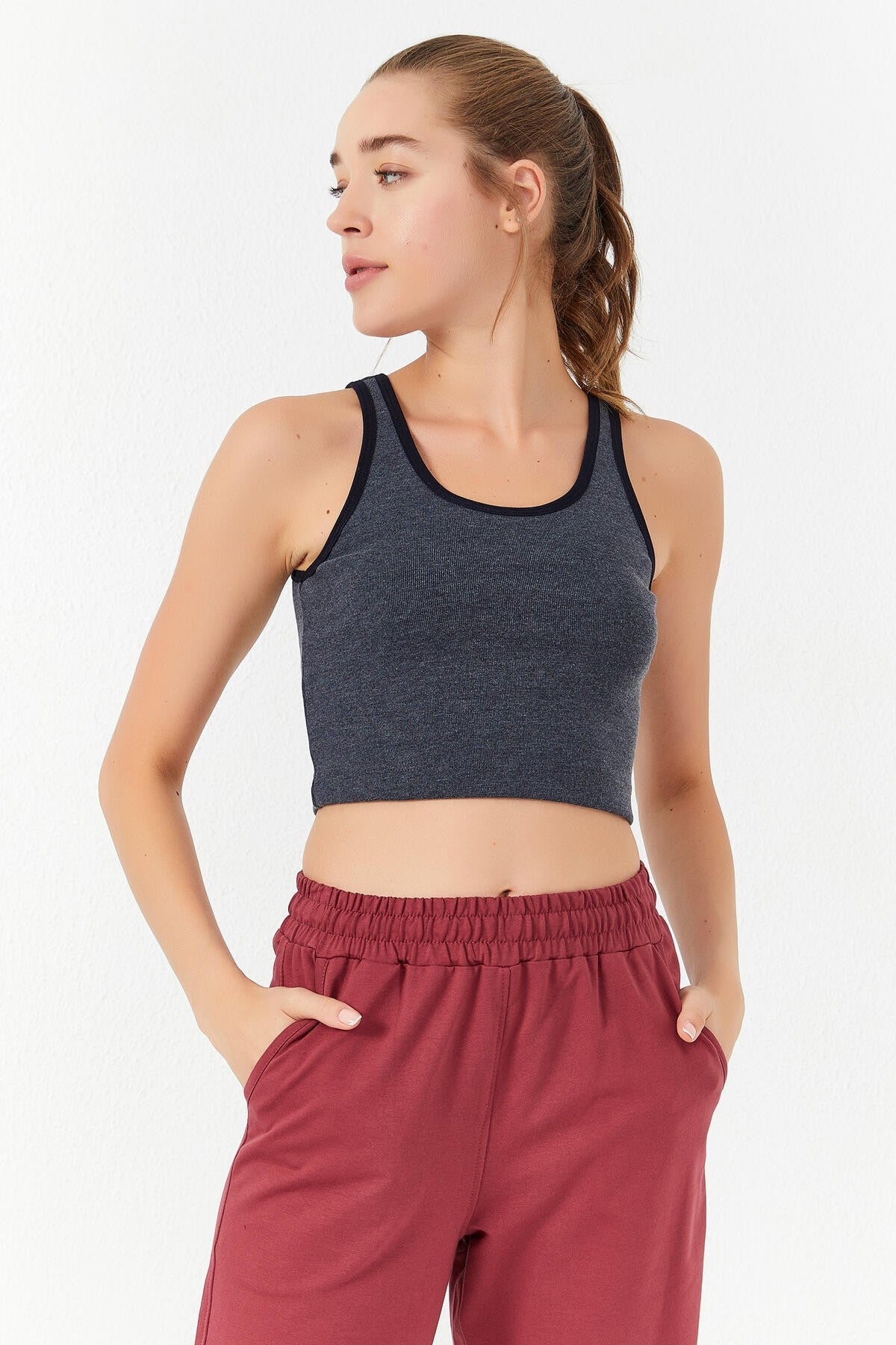Navy Blue Melange Basic Slim Fit U Neck Women's Crop Top Singlet - 97162