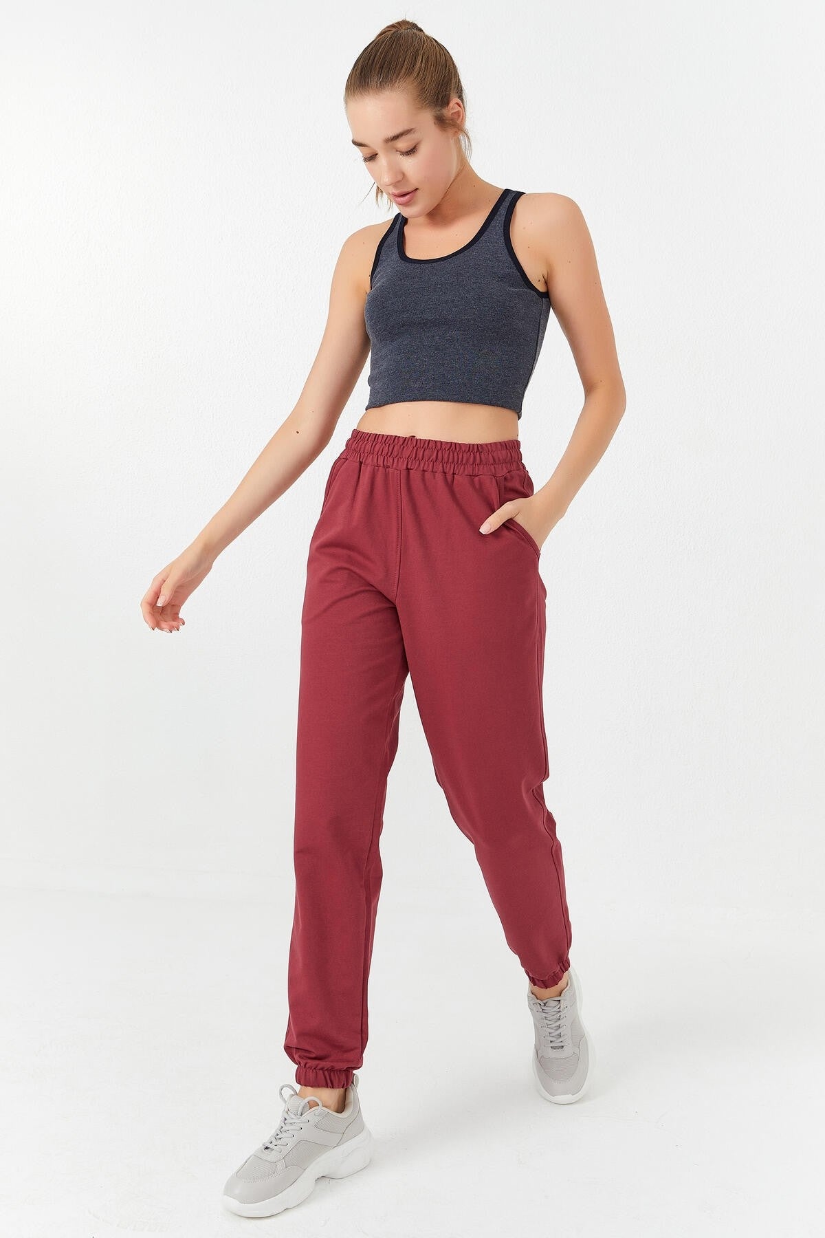 Navy Blue Melange Basic Slim Fit U Neck Women's Crop Top Singlet - 97162