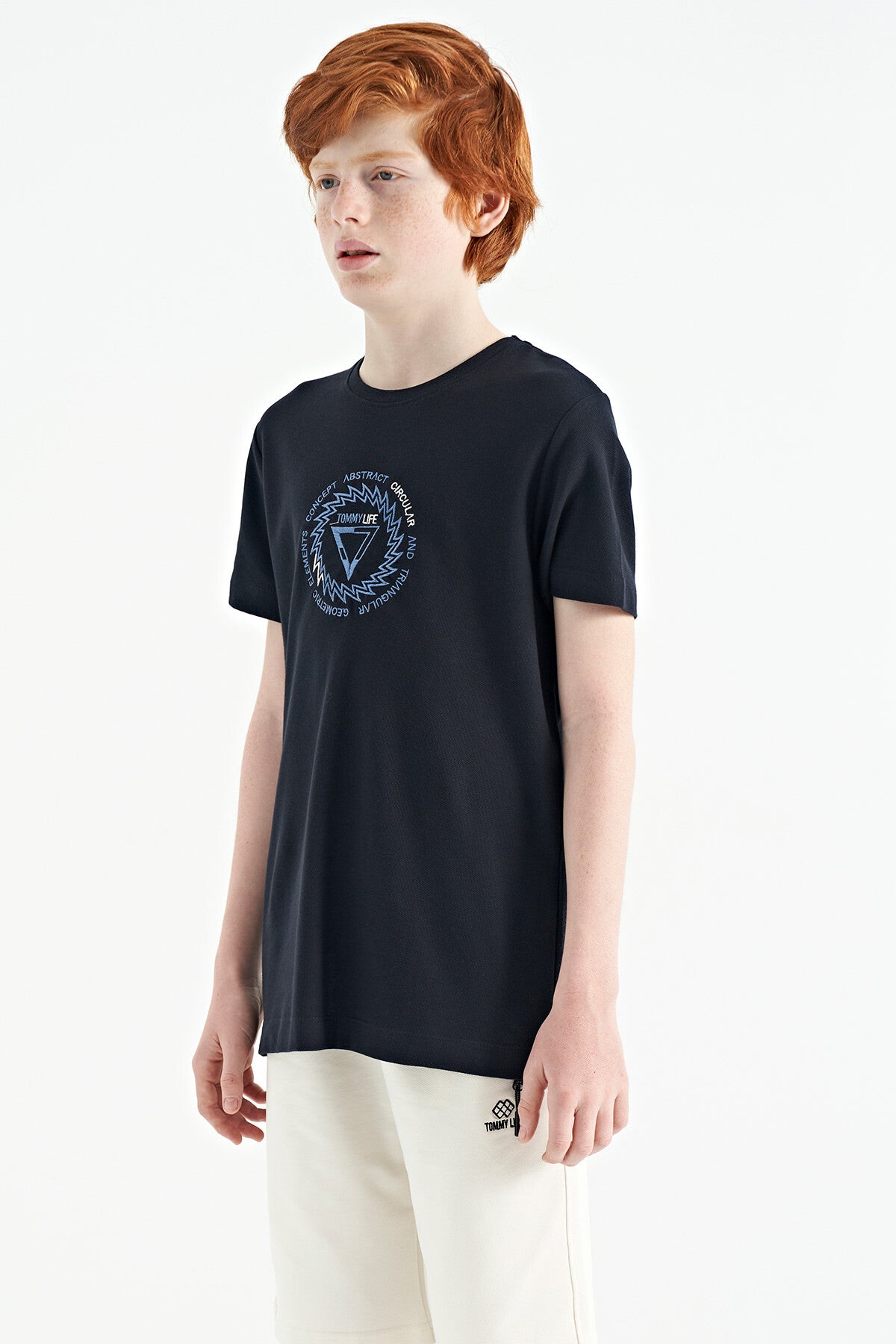 Navy Blue Embroidered Detailed O Collar Standard Fit Boys T-Shirt - 11115
